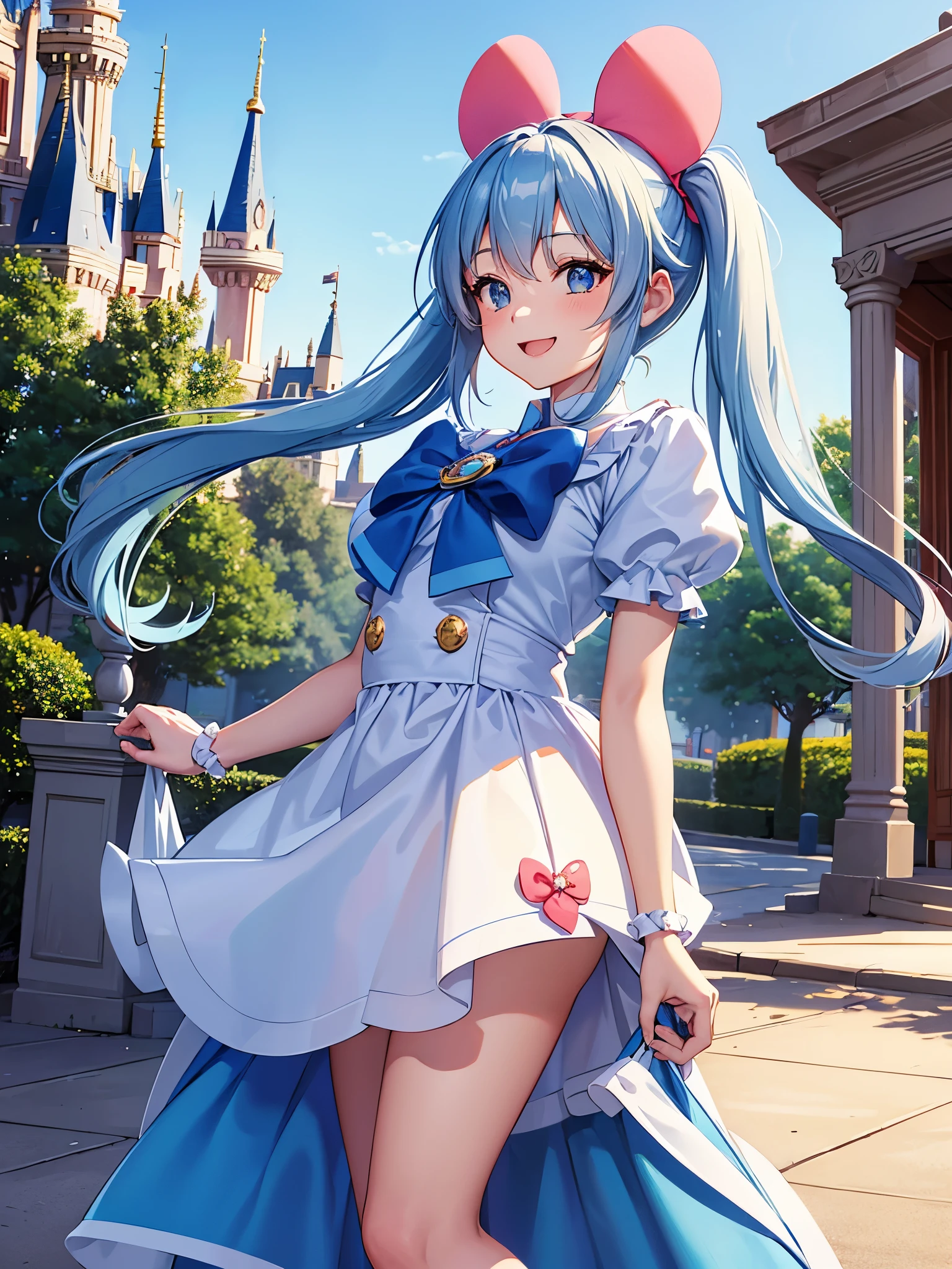 light blue long hair　Beautiful girl with twin tails　wonderful smile　Disneyland　You are in front of Cinderella's castle　Mickey Mouse　blue sky　red and white minnie mouse costume