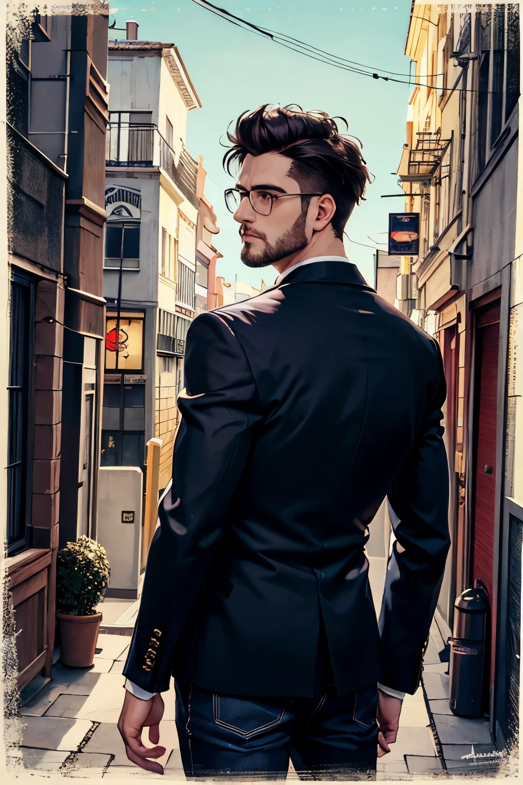 ((Mejor calidad)), ((obra maestra)), (detallado), cara perfecta. husbando, joven, de espalda, Looking back, apoyado en la alcoba, en traje, cabello negro, cabello largo, con lentes, with small beard; en una ciudad, cyberpunk, de noche, (fondo estilo van gogh)