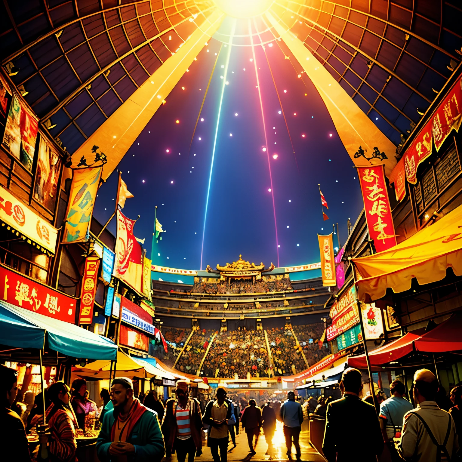 (best quality,4k,8k,highres,masterpiece:1.2),ultra-detailed,(realistic,photorealistic,photo-realistic:1.37),arena,live action footage,widescreen format,spectators,excited crowd,food stalls,vibrant colors,high contrast lighting,dynamic camera angles,main stage,enchanted atmosphere,multi-cultural event,diverse audience,wide variety of food and drinks,detailed crowd reactions,walls covered in graffiti,frenetic energy,upscale dining area,naturalistic lighting effects,dust particles floating in the air,motion blur,food vendors with colorful signage,different cuisines represented,multitude of colorful banners and flags,hungry onlookers,sizzling barbecues,smoke rising from grills,lively chatter and laughter,music pumping through the air,euphoric celebration of food and entertainment,carnival-like atmosphere,delicious aromas filling the air,lens flares adding a touch of magic,authentic costumes and traditional clothing,meticulous attention to details,visually captivating,professional video production,engaging and immersive experience.