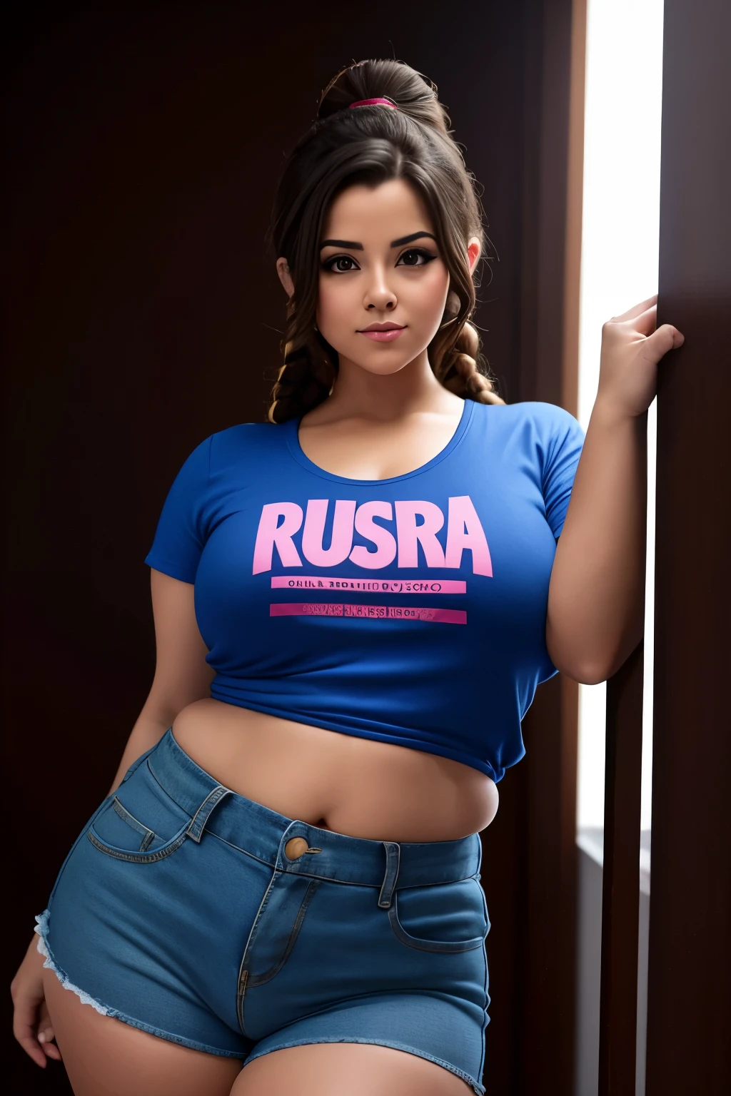 a bouncy and curvy American girl with a beautiful face, shoulder length dark hair with braids, curvas grossas, Curvilinear, grossas, coxas grossas, barriga leve e gorda, rosto bonito, peituda, camiseta branca fina, inclinada, sedutora, leaning down looking at the camera, vestindo uma camiseta justa, em sua casa, realista, detalhada, 4k -estilo Fantasia -tamanho 3:4
