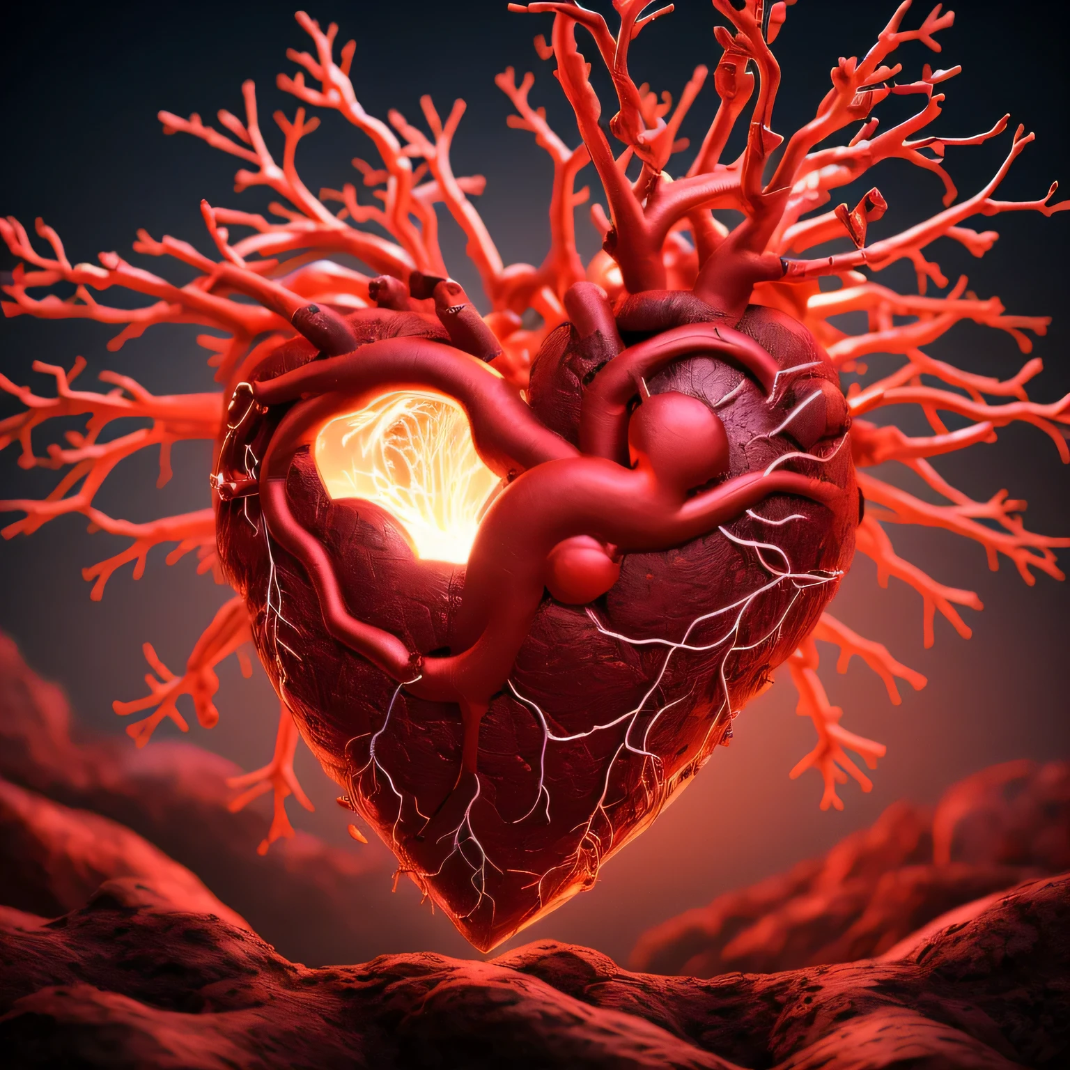 a close up of a heart with a crown on top of it, True Heart enrraizado na terra, roots like veins that feed the heart at the center, connected to heart machines, True Heart, Heart human, salvo pela natureza, 3d model of a Heart human, True Heart!, 8K altamente detalhado ❤🔥 🔥 💀 🤖 🚀, 8k highly detailed ❤️🔥 🔥 💀 🤖 🚀, anatomically correct heart, neon heart reactor