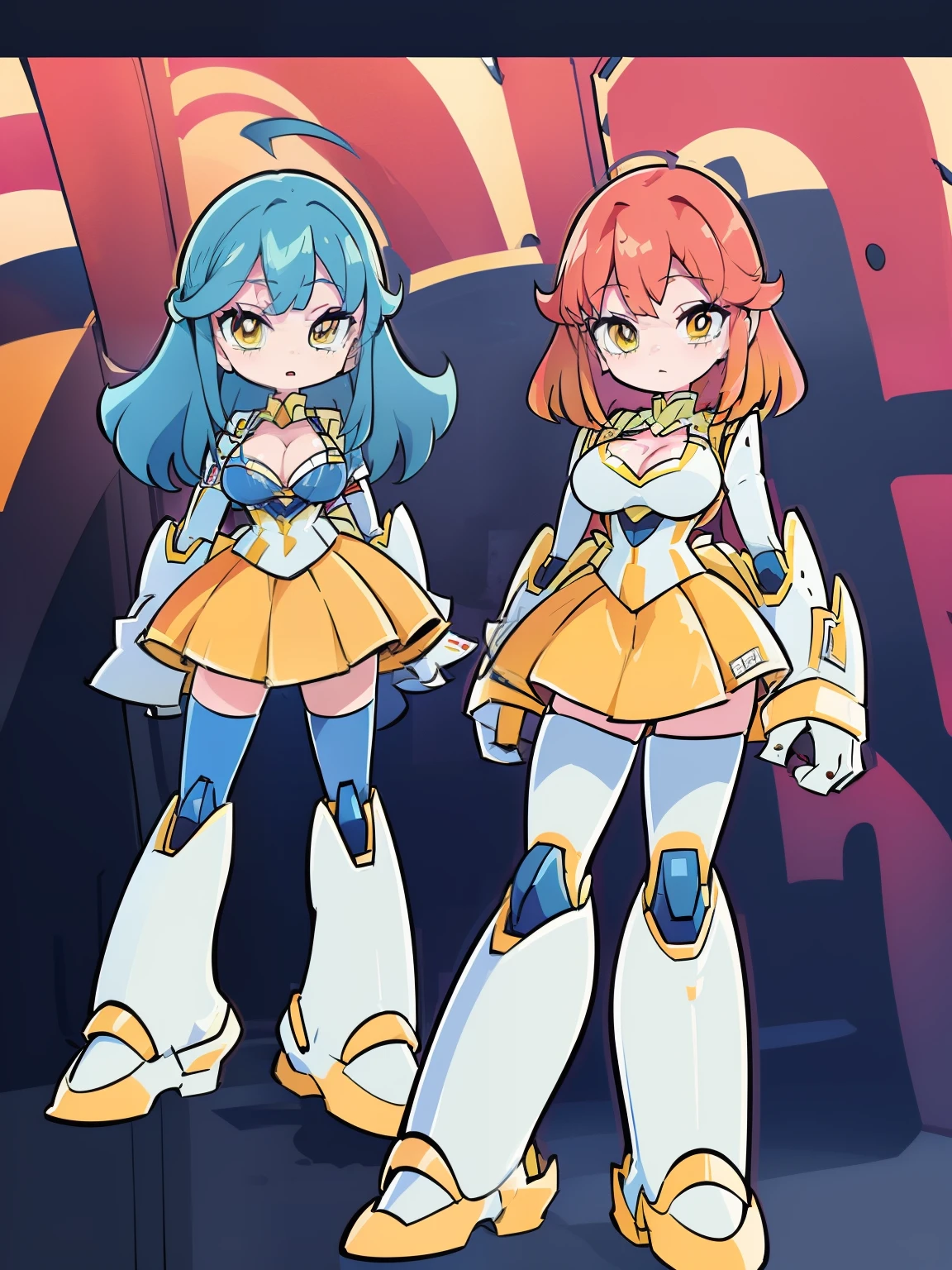 best quality, (masterpiece),(ultra-detailed), (high quality), (high resolution), (2heads:1.5) red hair, light blue hair, yellow eyes, two headed woman ((yellow mecha)), cleavage, ,best quality:1.5, highres, UHD, 4K),, ((skirt )), figure, yellow Mecha mesume, yellow outfit