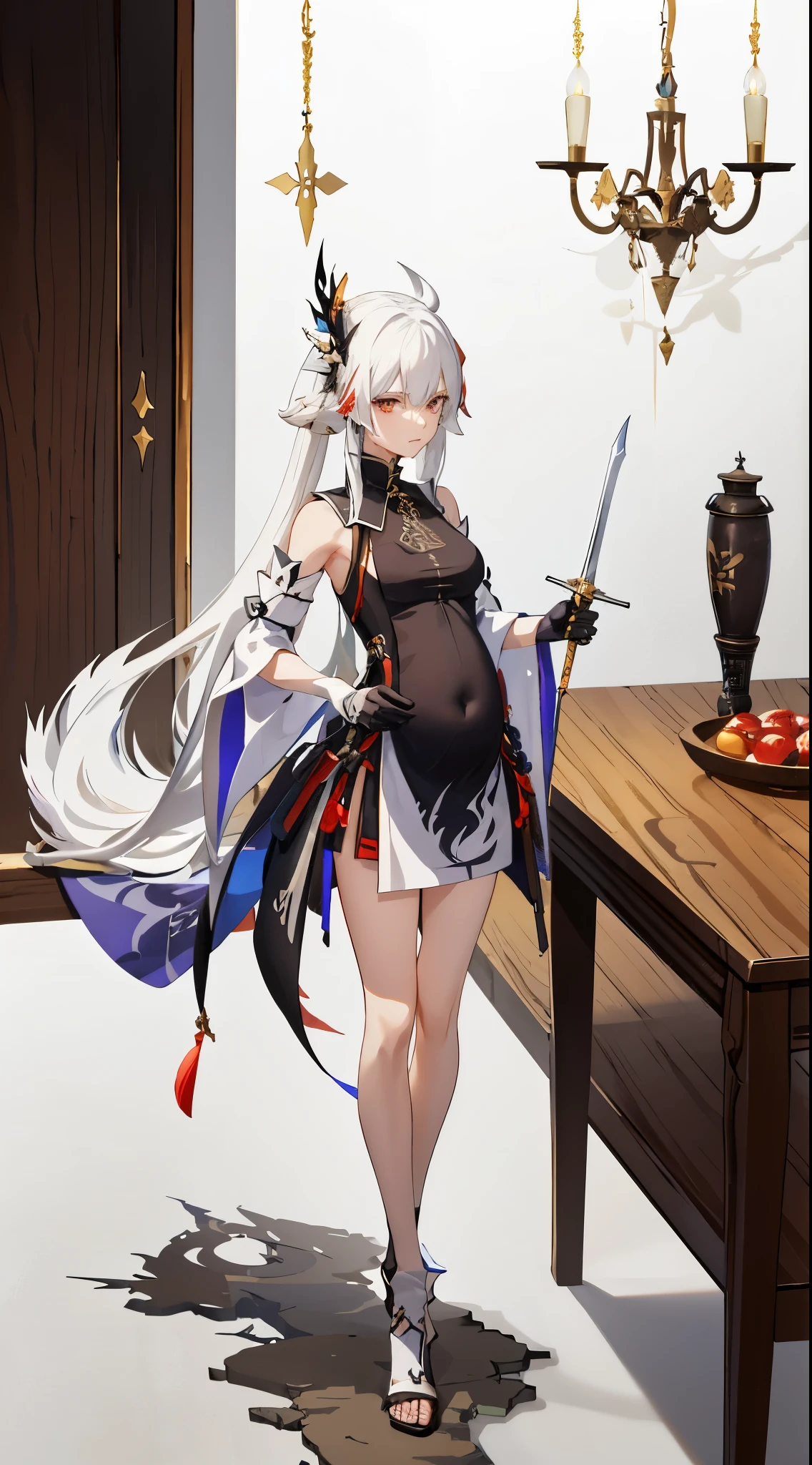 a woman in a dress holding a dagger and a dagger, video game character, from arknights, fox nobushi holding a dagger, hajime yatate, keqing from genshin impact, white haired deity, with small sword, ayaka genshin impact, female action anime girl, official character art, anime character, pregnant anime girl, fetus