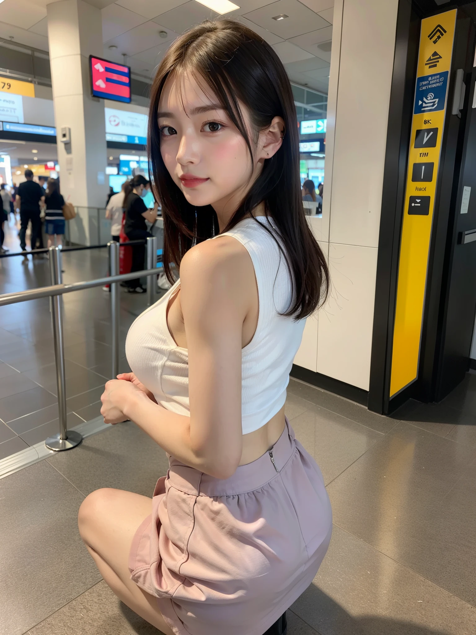 ((Best of the highest quality, 8k, Masterpiece: 1.3, raw photo)), Sharp focus: 1.2, (1 AESPA girl: 1.1), (Solo: 1.18), (realistic, photo-realistic:1.37), face focus, cute face, finely eyes, (Small breasts, flat chest, Thigh: 1.3), short messy hair, updo, (full nude, skirt, squatting, from behind: 1.2), terminal, airport, flower