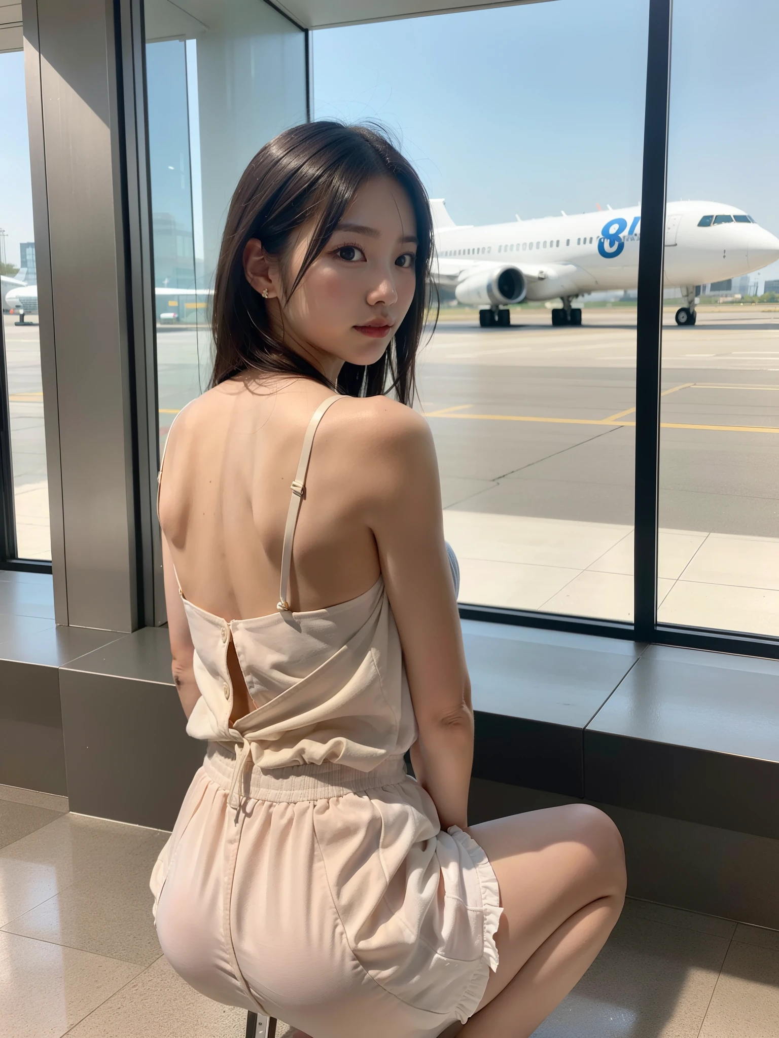 ((Best of the highest quality, 8k, Masterpiece: 1.3, raw photo)), Sharp focus: 1.2, (1 AESPA girl: 1.1), (Solo: 1.18), (realistic, photo-realistic:1.37), face focus, cute face, finely eyes, (Small breasts, flat chest, Thigh: 1.3), short messy hair, updo, (full nude, skirt, squatting, from behind: 1.2), terminal, airport, flower