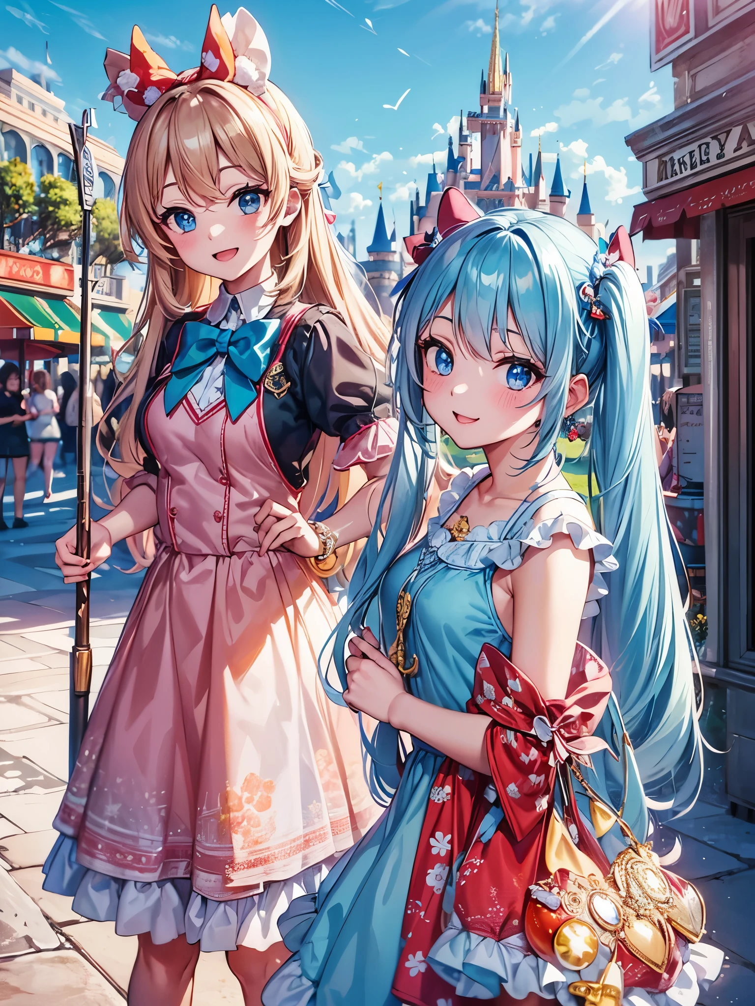 light blue long hair　Beautiful girl with twin tails　wonderful smile　Disneyland　You are in front of Cinderella's castle　Mickey Mouse　blue sky　red and white minnie mouse costume