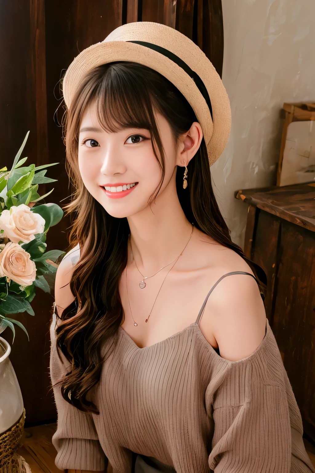 smile、wear a necklace