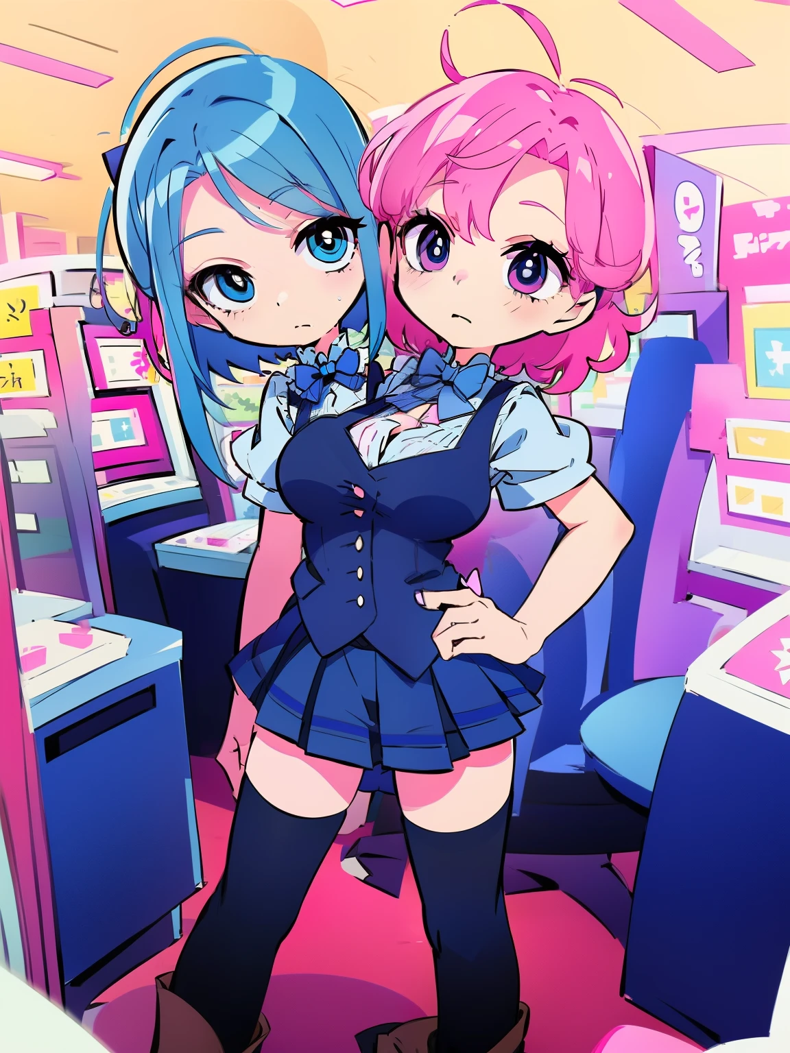 best quality, (masterpiece),(ultra-detailed), (high quality), (high resolution), ((2heads:1.5)), 1girl, ((blue hair)),((magenta pink hair)), black eyes,  black thighhighs, pleated skirt, plaid skirt, worker uniform, one side up, ((blue bow tie)), sweater, white shirt, hair scrunchie, miniskirt, cowboy shot, standing, ((toy factory background))