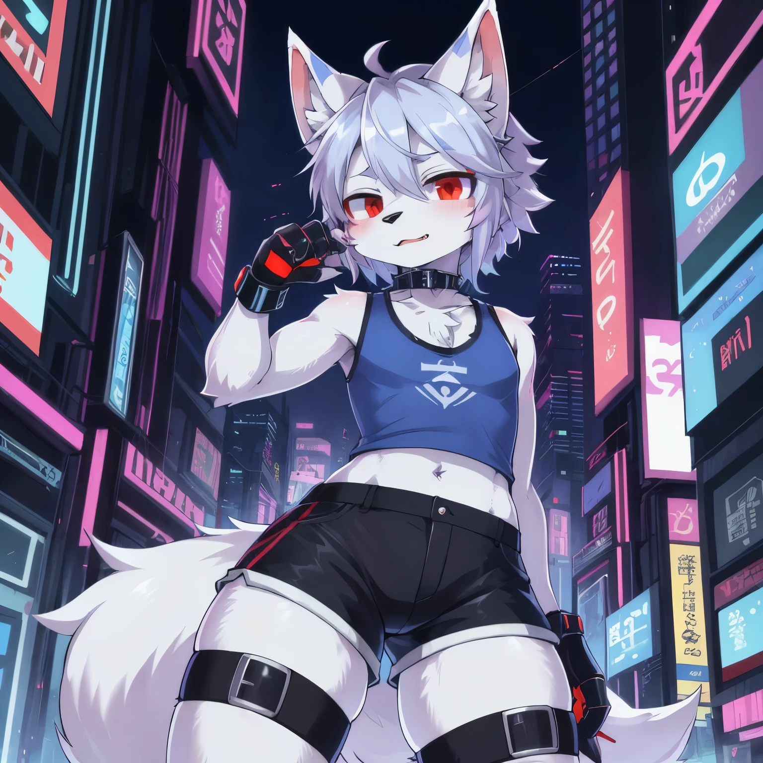 masterpiece, perfect anatomy, solo, 1boy, Furry, kemono, furry wolf, anthropomorphic, male, silver fur, silver skin, red eyes, femboy, cyberpunk clothes, blue crop top, shorts, sexy pose, sexy clothes, cyberpunk city, uploaded on e621, Cyberpunk technology. cybernetics,
