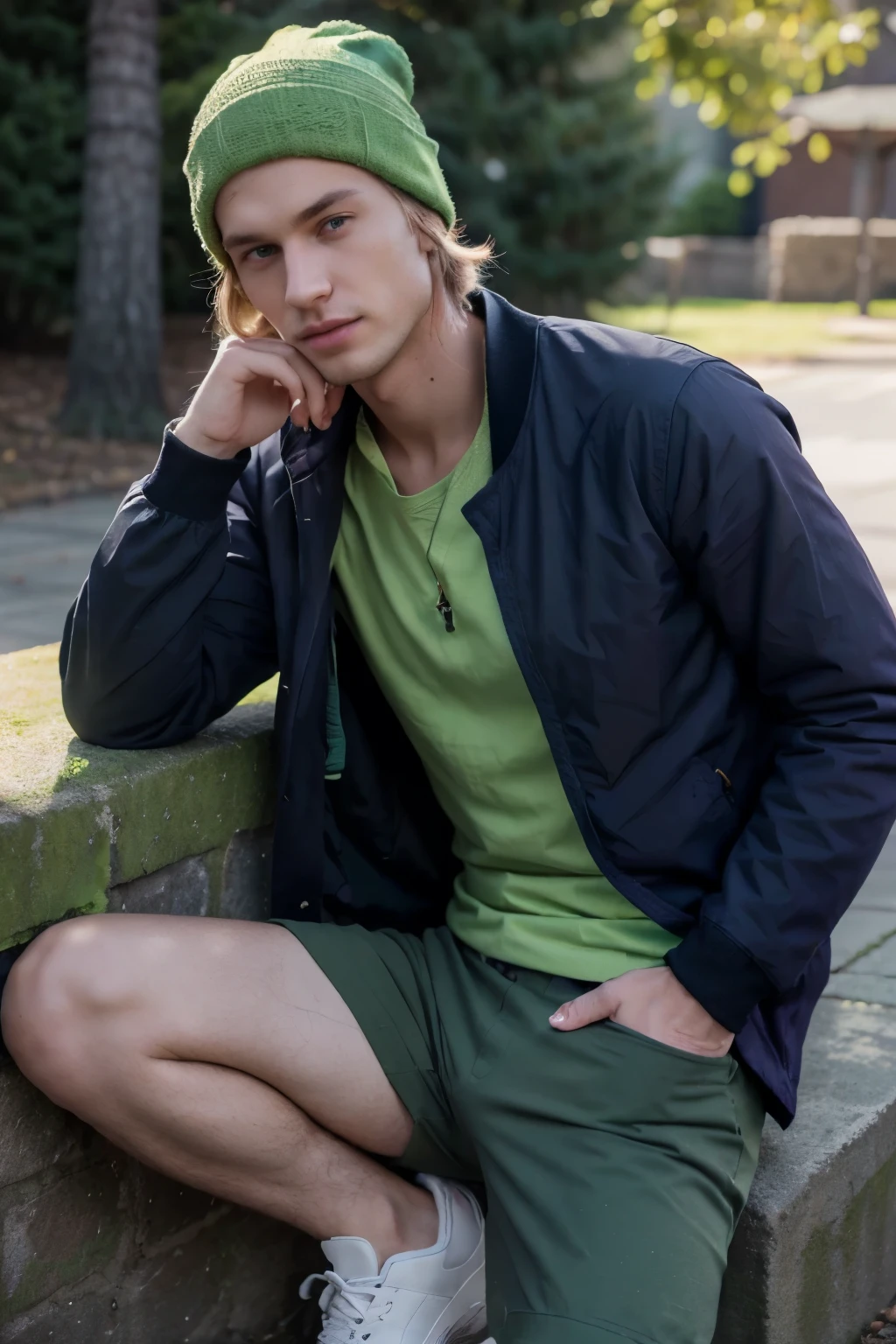 A 6'3, 23-year-old Caucasian male with dirty blonde hair, dark green eyes, and a bandage on his left hand. He has a beanie on that is dark purple. Additionally, he is wearing a dark navy jacket with a lime green shirt underneath, dark green cargo shorts, and sneakers.