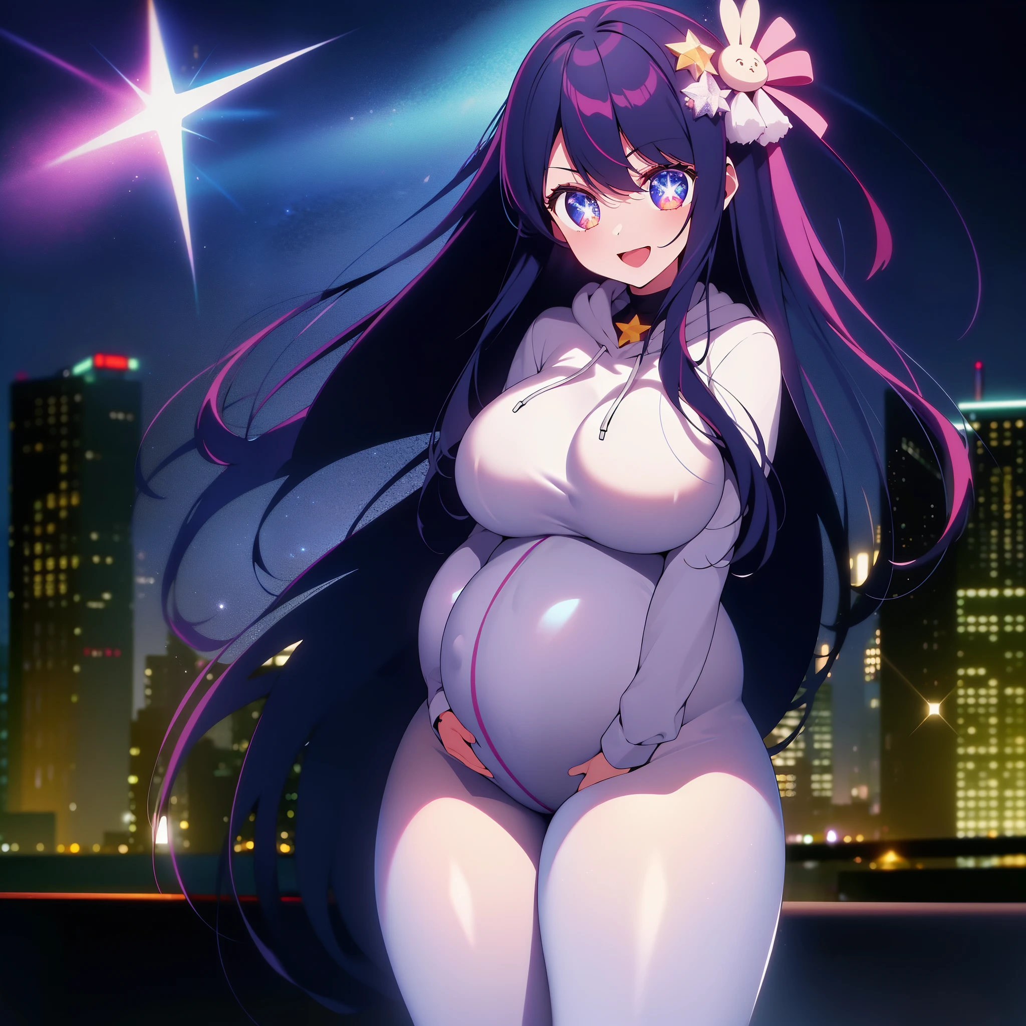 ((Masterpiece, Best Quality)),
stand in center of screen,(full body:0.8),
1girl, Ai Hoshino,shiny skin,
(Hoodie),Open white coat,
(impossible clothes,silhouette),
(Stars in the Eyes,sparkle in the eyes,
clear eyes, beautiful six-pointed star eyes),
((huge breasts, pregnant)),open mouth,smile,
black pantyhose,(hair ornaments),
City,street,(from front),