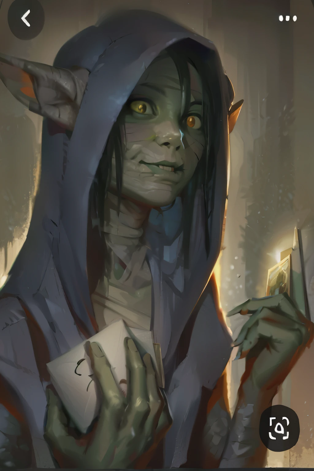 a closeup of a person holding a card in their hand, druida tiefling sedutor, retrato feminino de goblin, druida tiefling atraente, personagem dnd de garota goblin, Golgari FindBroker, d&d goblin ladino, female orc forest druid, medium portrait of a goblin, um druida, tiefling, arte mtg, Astri Lohne, cyberpunk irritado lindo druida