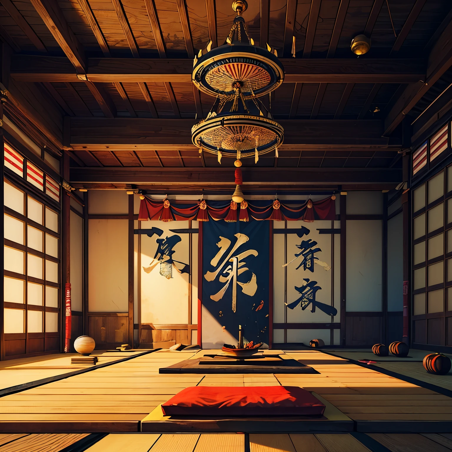 (best quality,4k,highres:1.2),ultra-detailed,(realistic:1.37)
dojo style, arena de lutas, martial arts training, Zen aesthetics, samurai warriors, focused and intense fights, wooden training dummies, traditional training techniques, disciplined movements, graceful and powerful strikes, precision and agility, dojo atmosphere, dimly lit with soft golden lighting, incense aroma, Japanese calligraphy on the walls, tatami floor, silence and concentration, martial spirit, the sound of swords clashing, sweat and hard work, honor and respect, Martial Arts Masters,students in traditional gi practicing katas, symbolic Japanese cherry blossoms, discipline and perseverance, Zen state of mind, warrior's path, the soul of the samurai