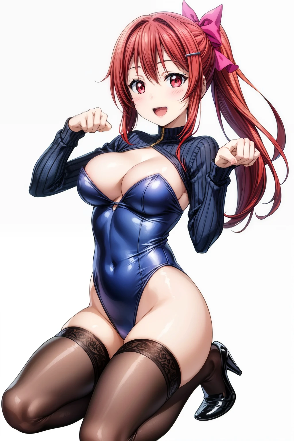 naked girl with long red hair posing kneeling, 1girl, leotard, solo, covered nipples, ribbed leotard, looking at viewer, long hair, paw pose, white background, open mouth, red leotard, smile, bow, highleg leotard, red eyes, ponytail, bangs, slit pupils, large breasts, blush, simple background
