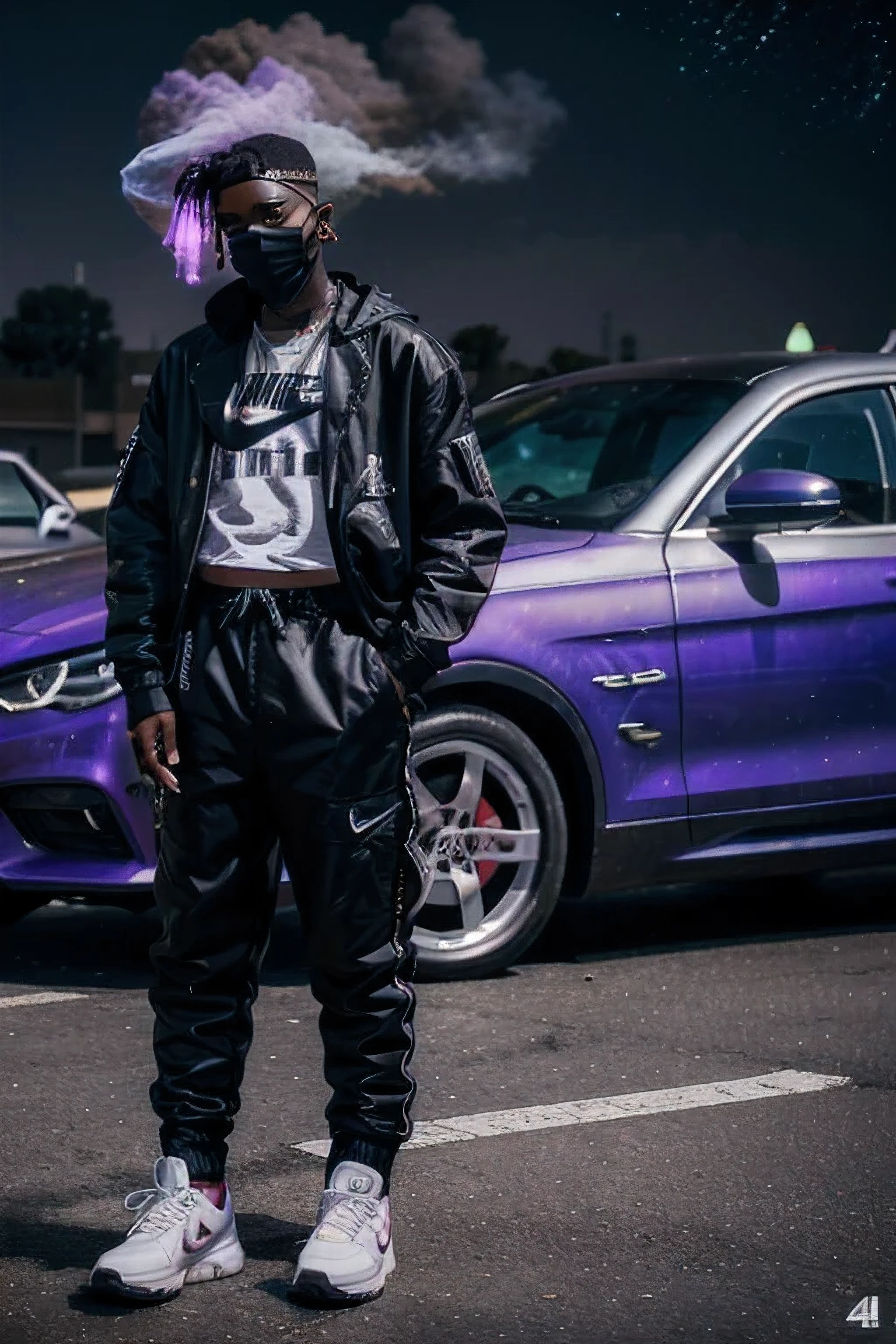 jovem criminoso negro, rapper americano, totalmente mascarado, jogging pants, air max plus, pistola, desenho, arte, 4k, carteoon style, pacotes de dinheiro, gueto, Galaxy, estrelas, smoke, roxo , carro de luxo