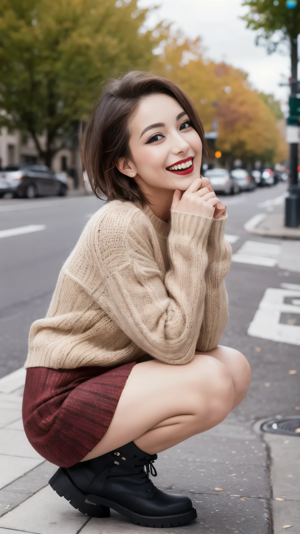 Photo taken by a professional photographer,laughter:1.5,Close-up of a woman squatting on the sidewalk, wearing a sweater, Short-cut brown hair, hair is disheveled,young and cute girl, Wearing a super super super super super super super mini skirt:1.5,Wear stylish boots,sit on a park bench:1.5,Fancy makeup with red eyeshadow,Beautiful thighs are visible,