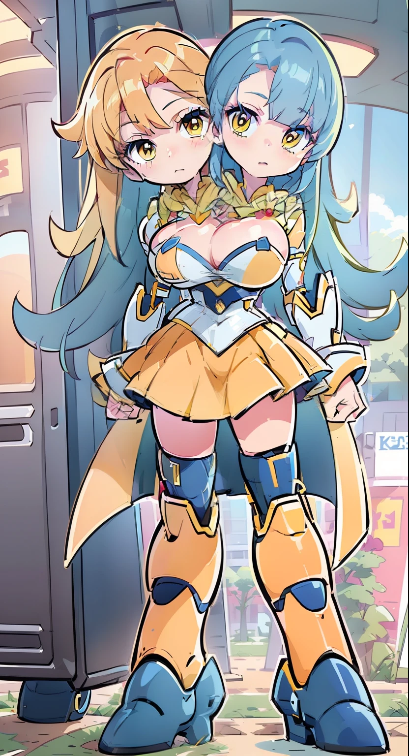 best quality, (masterpiece),(ultra-detailed), (high quality), (high resolution), ((2heads:1.5)), (red hair), (blue hair), yellow eyes, two headed woman ((yellow mecha)), cleavage, ,best quality:1.5, highres, UHD, 4K),, ((skirt )), figure, yellow Mecha mesume, yellow outfit