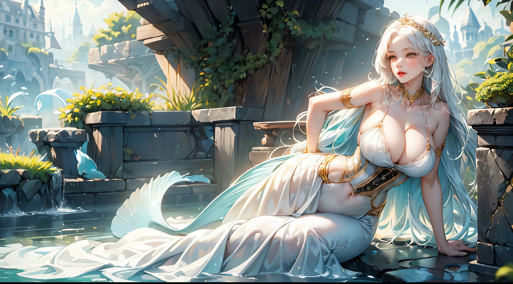 Beautiful face(1.2), face detailed, wonderful woman, elegant black dress(1.3), leather belts, medieval fantasy style(1.4), beautiful landscape, white hair(head), totally white, long hair, albino girl, milf, yellow eyes(golden color), reddish(skin body), huge breasts, mermaid tail(1.5), fish scales, milf breasts, corset, Woman under the sea, underwater stage, fish on stage, albino woman, voluptuous body, white dress underwater, long loose dress, sea lights, blush skin, fish scales(body).