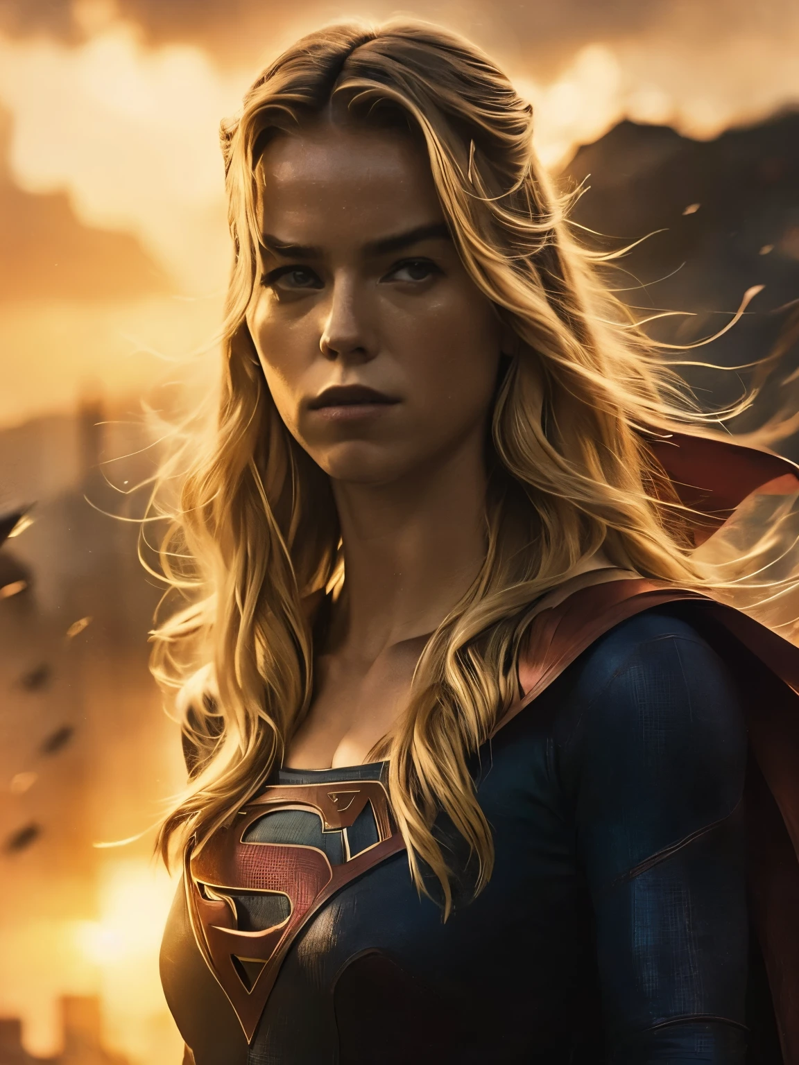 Cinema epic Poster. In the center of the image, Supergirl hovers over the city of National City, her eyes shining with determination.  The rising sun bathes the city in golden light, while dark clouds gather on the horizon, foreshadowing an epic battle.  His blue and red attire glistens in the sunlight, his red cape fluttering in the wind.  Her fists are clenched, ready for action.  On her face, a mixture of strength and compassion, the embodiment of hope for the city she protects. Realistic, ultra detailed, detailed face, intricate, UHD, 4K, cinematic lighting. 