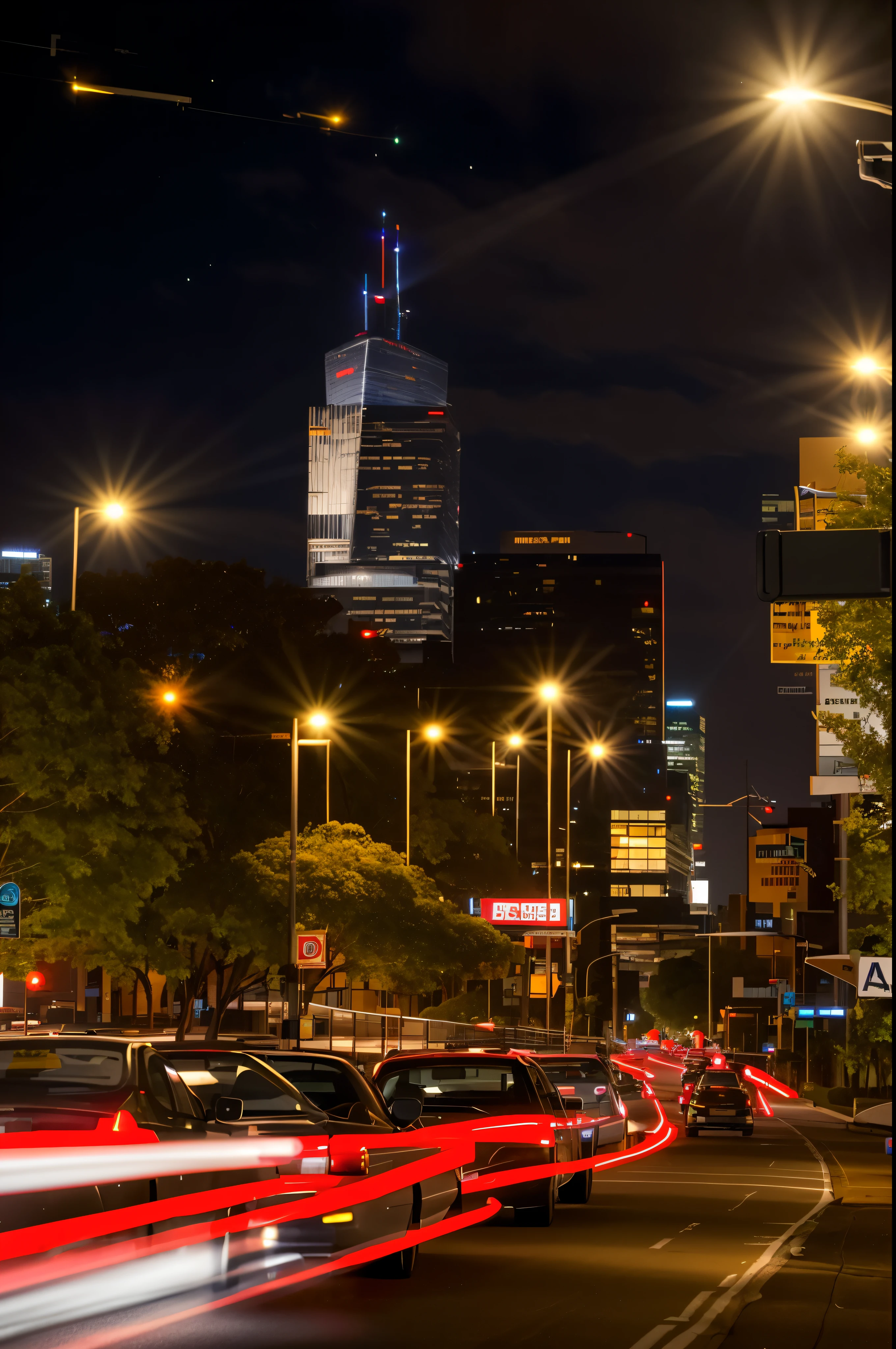 cars are driving down a city street at night with a skyscraper in the background, cyber punk, night, street lights, future city, new york, headlight trails, long exposure photo