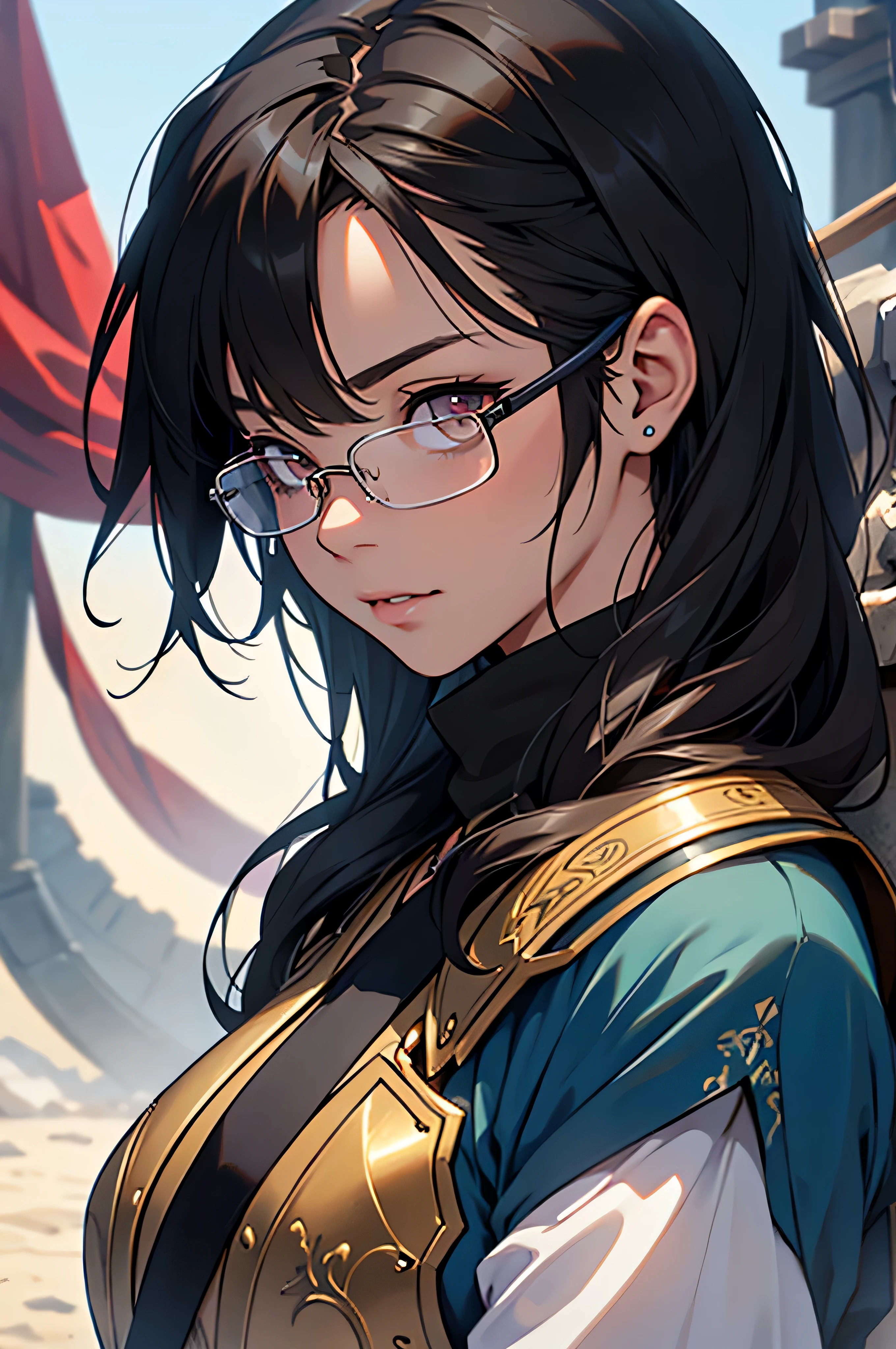 anime, masterpiece, best quality, by professional artist, 1girl, female, solo, upper body portrait, detailed composition, detailed eyes, detailed hair, black hair, Asian eyes, glasses, dark brown medieval armor, magical, fantasy