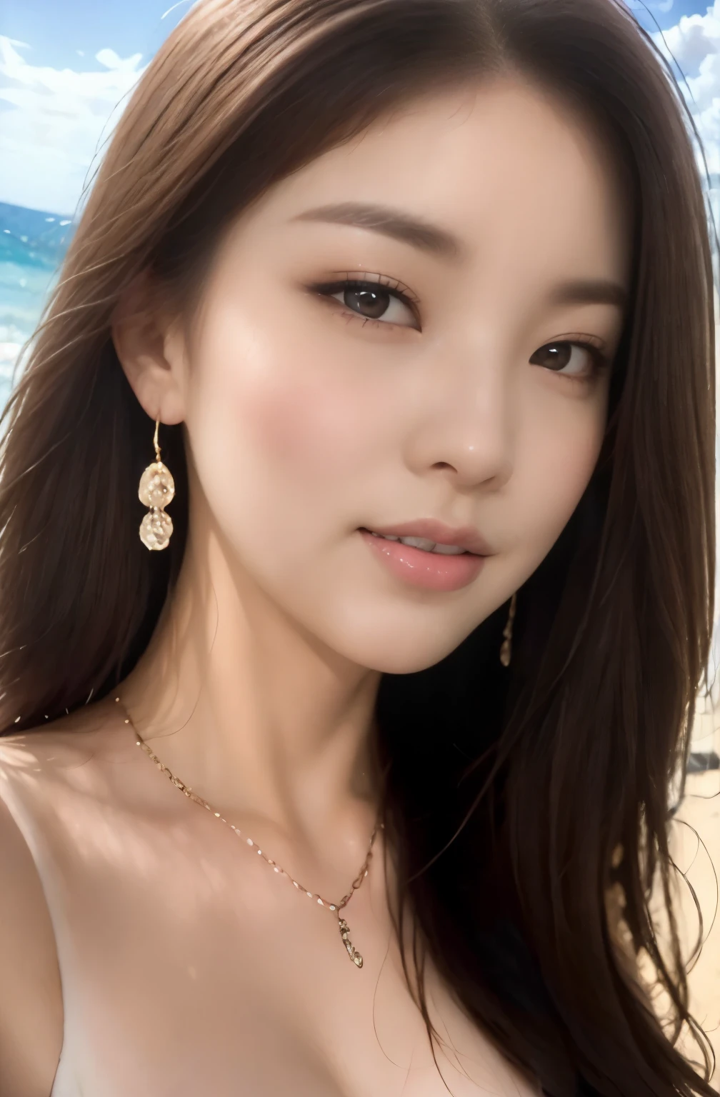 (22 year old female), (big breasts:1.3),  ((grab the viewer&#39;s hand)), Sandy beaches in Hawaii、Island in the background、white silk micro bikini、Lying at the water's edge、On a towel、(master piece: 1.3), (maximum resolution: 1.4), (ultra high vision: 1.2), cinematic light, ultra high vision, (fine eyes and skin), (detailed facial features), NSFW, 8K resolution, perfect style, beautiful expression、Highly detailed face and skin texture、detailed eye、double eyelid、eye shadow:1.2、glitter eyeliner:1.2、thin cheeks、shiny skin、(pure white skin:1.3)、small shiny necklace and earrings,glossy lips:1.2、((full body shot:1.2))、((from a very intimate distance:1.2))、(straight hairstyle、dark brown hair)、long hair、(very affectionate smile:1.2)、From above