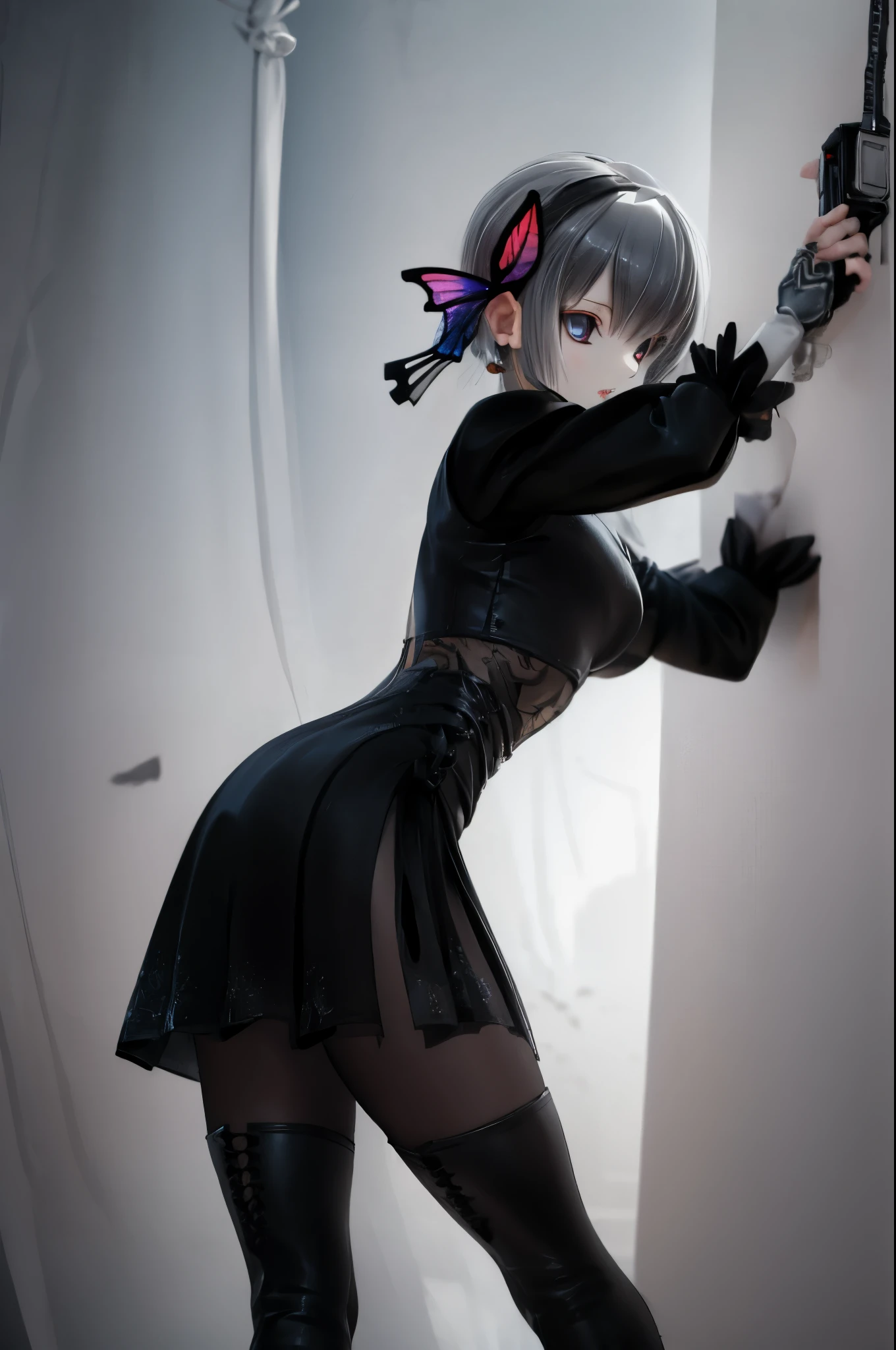 Octane Render、(Hyper-detailing: 1.15)、cinematic lightening、Taken from behind、Cute Fantasy Princess、Handgun shooting practice、Fine Pattern Pistol,long boots、ultradetailed eyes、Full Paint、(Floral hair ornament、butterfly hair ornament)、masutepiece、Anatomically correct、blur、depth of fields