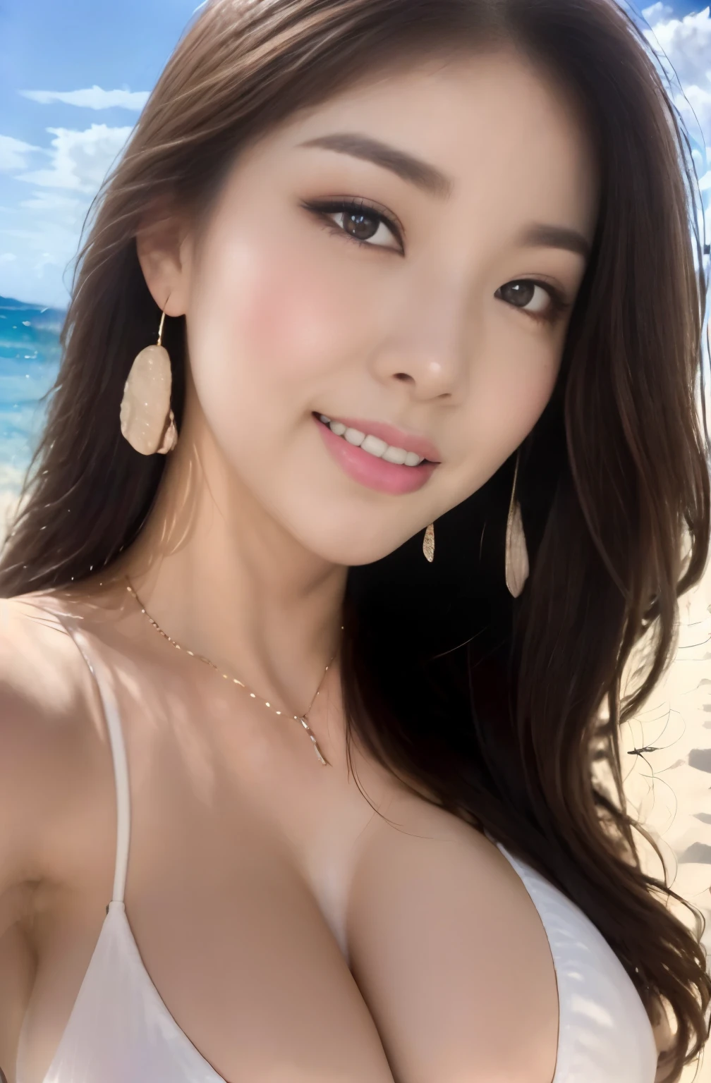 (22 year old female), (big breasts:1.3), ((grab the viewer's hand)), Sandy beaches in Hawaii、Island in the background、white silk micro bikini、Lying at the water's edge、On a towel、(master piece: 1.3), (maximum resolution: 1.4), (ultra high vision: 1.2), cinematic light, ultra high vision, (fine eyes and skin), (detailed facial features), NSFW, 8K resolution, perfect style, beautiful expression、Highly detailed face and skin texture、detailed eye、double eyelid、eye shadow:1.2、glitter eyeliner:1.2、thin cheeks、shiny skin、(pure white skin:1.3)、small shiny necklace and earrings,glossy lips:1.2、((full body shot:1.2))、((from a very intimate distance:1.2))、(straight hairstyle、dark brown hair)、long hair、(very affectionate smile:1.2)、From above