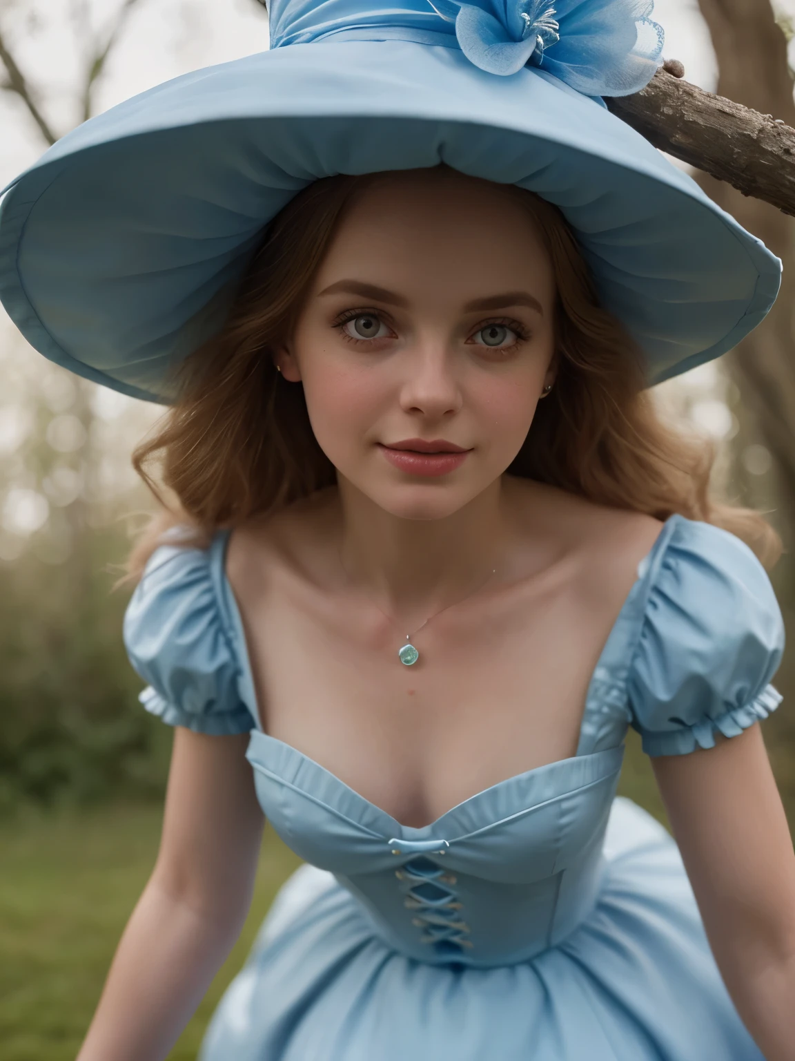 (Realistic:1.2), Photorealistic, Alice in Wonderland, view from bottom, cute sexy, small blue dress, cinematic lighting, ethereal light, complex parts, extremely detailed, full color, surrealistic detailed fairytale background, rich colors, cinematic, detailed beautiful eyes and perfect face, anslog photo style, depth of field, bokeh, 16k best quality