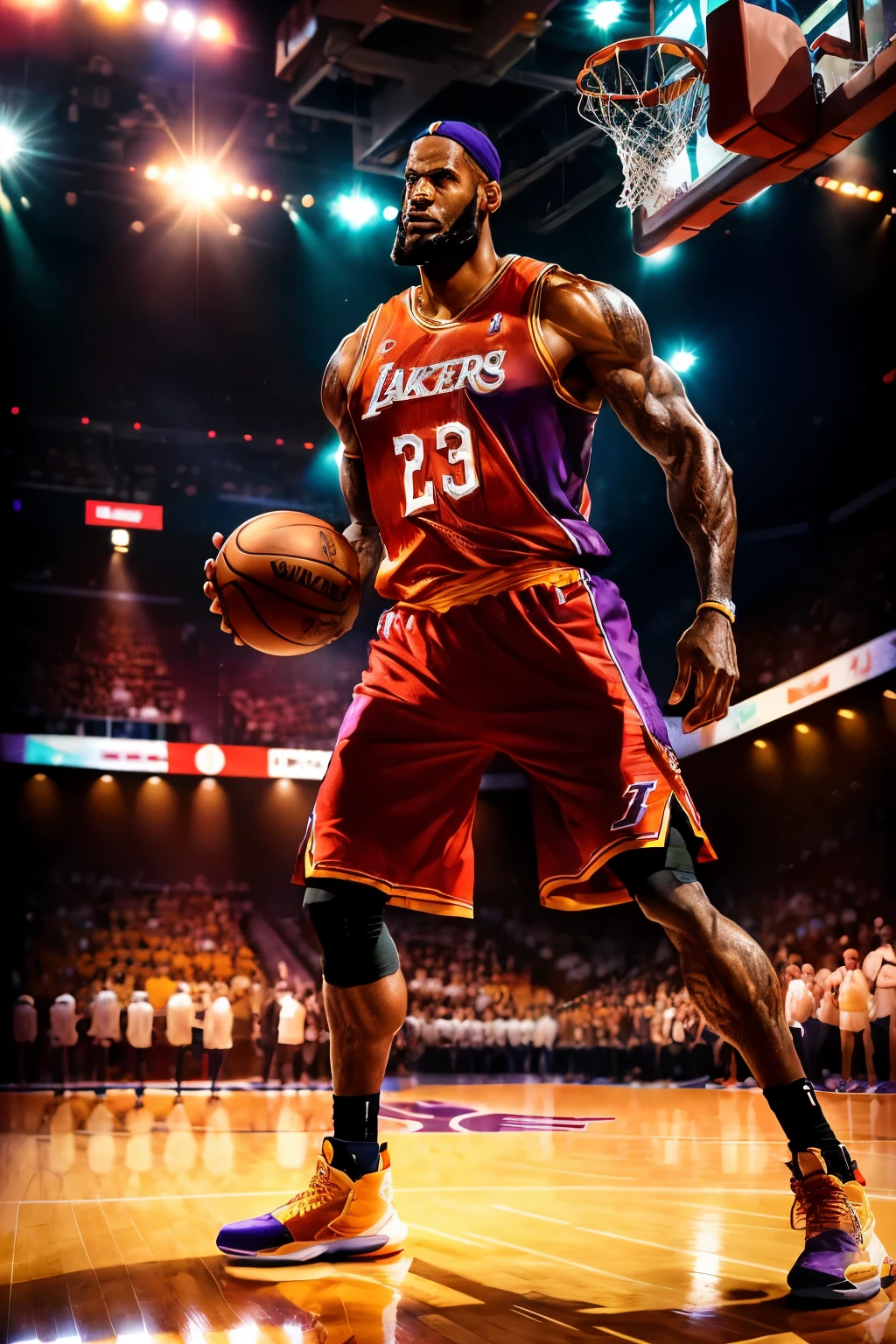 Movie-level CG rendering of Lebron James in a tightly fitting Lakers basketball jersey, showcasing his impressive and imposing bulging biceps. The jersey clings to his muscular physique, emphasizing every ripple of muscle as he confidently and powerfully flexes for the camera.
The scene is set against a high-contrast background, with the bright lights of the basketball court illuminating Lebron's chiseled features and casting long shadows on the floor. The atmosphere is electric, with the roar of the crowd in the background and the bright flashes of photographers' cameras.
The lighting is dynamic and dramatic, with the spotlight creating a h