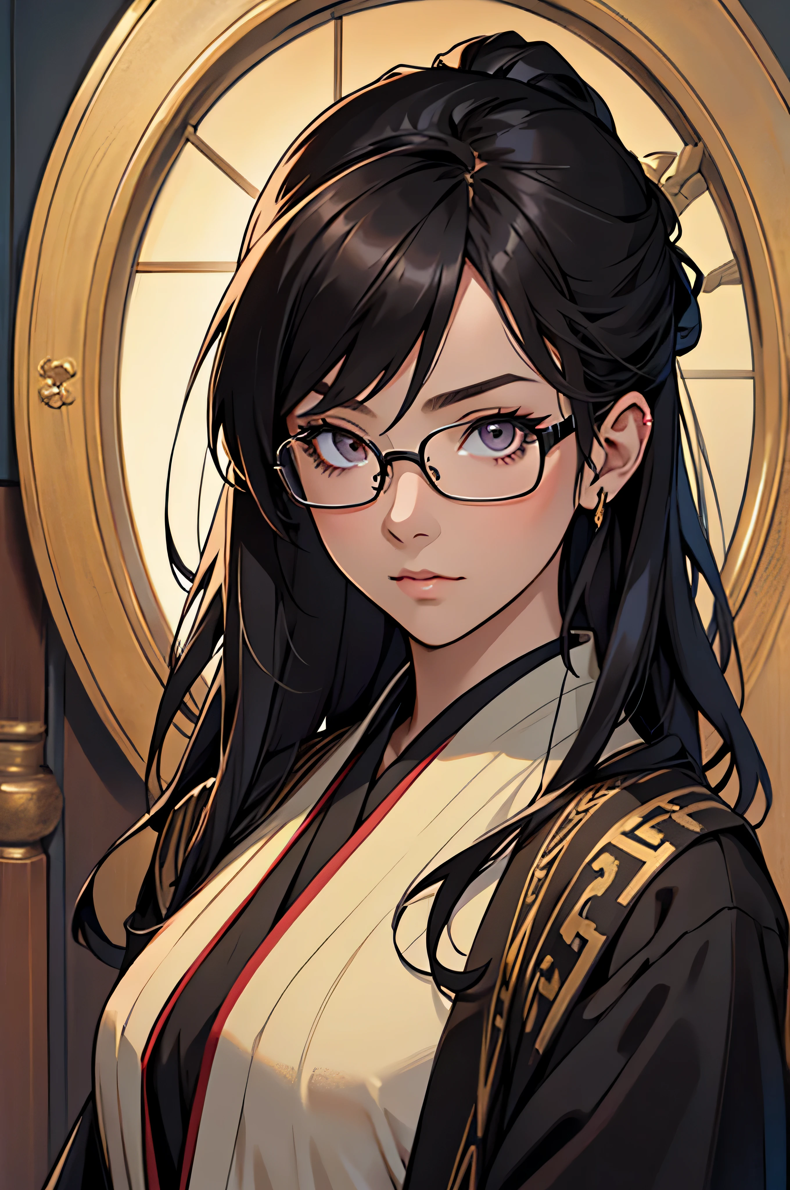 anime, masterpiece, best quality, by professional artist, 1girl, female, solo, upper body portrait, detailed composition, detailed eyes, detailed hair, black hair, Asian eyes, glasses, dark brown medieval robes