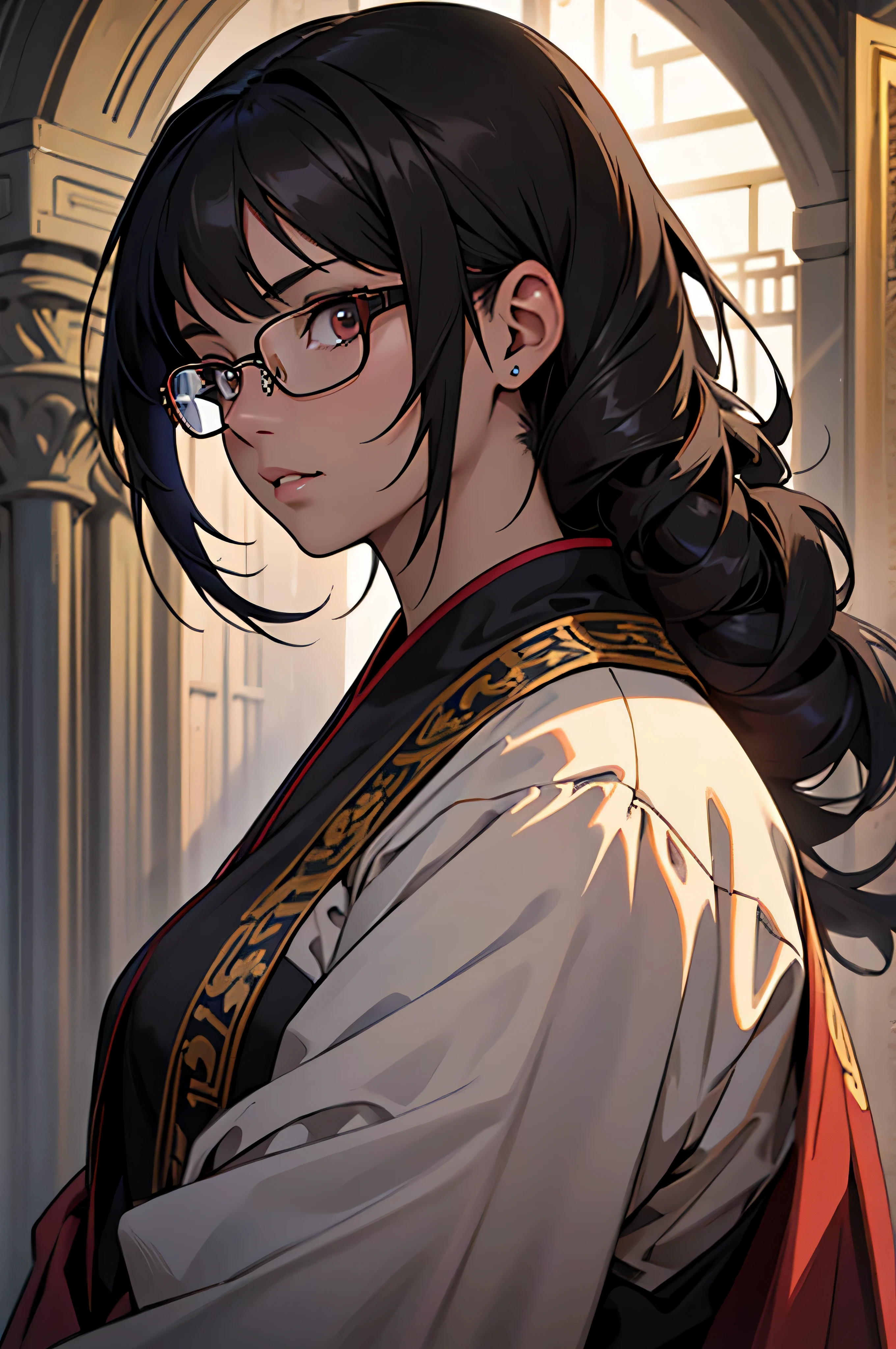 anime, masterpiece, best quality, by professional artist, 1girl, female, solo, upper body portrait, detailed composition, detailed eyes, detailed hair, black hair, Asian eyes, glasses, dark brown medieval robes