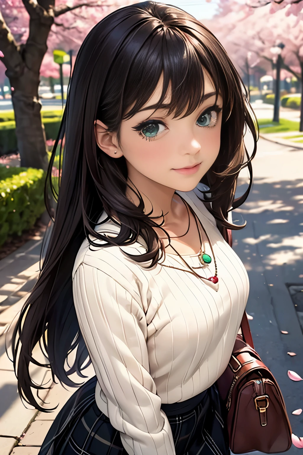((table top, highest quality, High resolution, nffsw, perfect pixel, Depth of bounds written, 4K, nffsw, nffsw))), 1 girl, single, alone, beautiful anime girl, beautiful art style, anime character, ((long hair, bangs, brown hair)), ((green eyes:1.4, round eyes, beautiful eyelashes, realistic eyes)), ((detailed face, blush:1.2)), ((smooth texture:0.75, realistic texture:0.65, realistic:1.1, Anime CG style)), dynamic angle, ((throw, Selfie Pose, portrait)), ((white sweater, long sleeve, black skirt, plaid skirt, Snazzy, 1 handbag, 1 diamond necklace)), smile, amusement park, ((Cherry tree, Cherry blossoms fall))