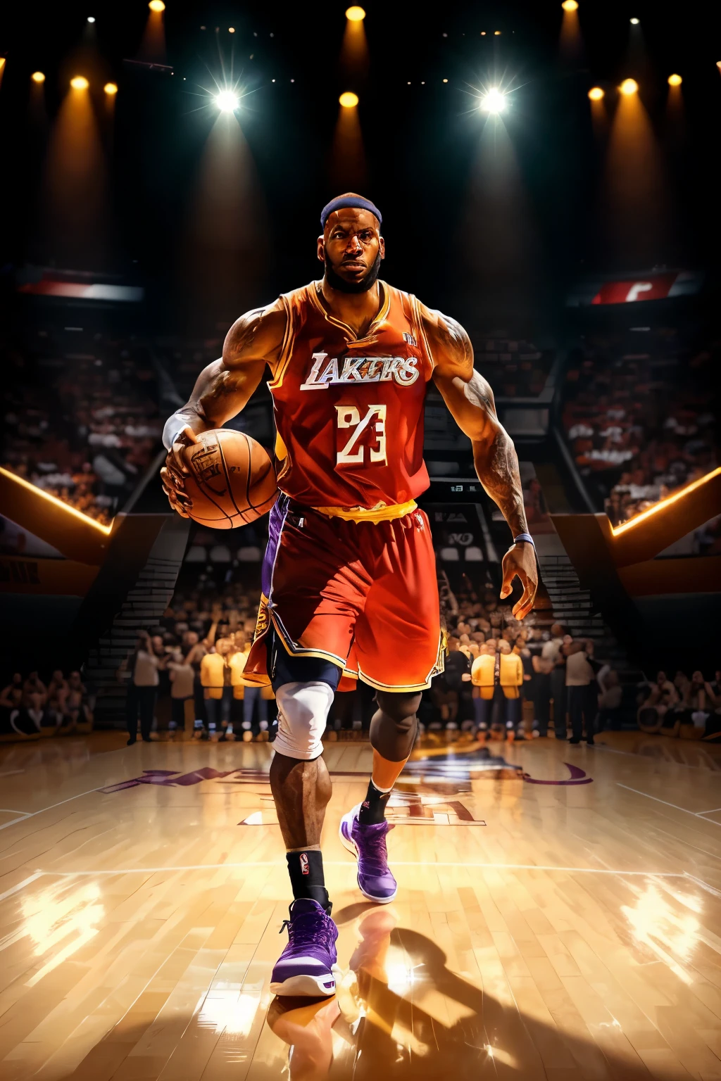 Movie-level CG rendering of Lebron James in a tightly fitting Lakers basketball jersey, showcasing his impressive and imposing bulging biceps. The jersey clings to his muscular physique, emphasizing every ripple of muscle as he confidently and powerfully flexes for the camera.

The scene is set against a high-contrast background, with the bright lights of the basketball court illuminating Lebron's chiseled features and casting long shadows on the floor. The atmosphere is electric, with the roar of the crowd in the background and the bright flashes of photographers' cameras.

The lighting is dynamic and dramatic, with the spotlight creating a h