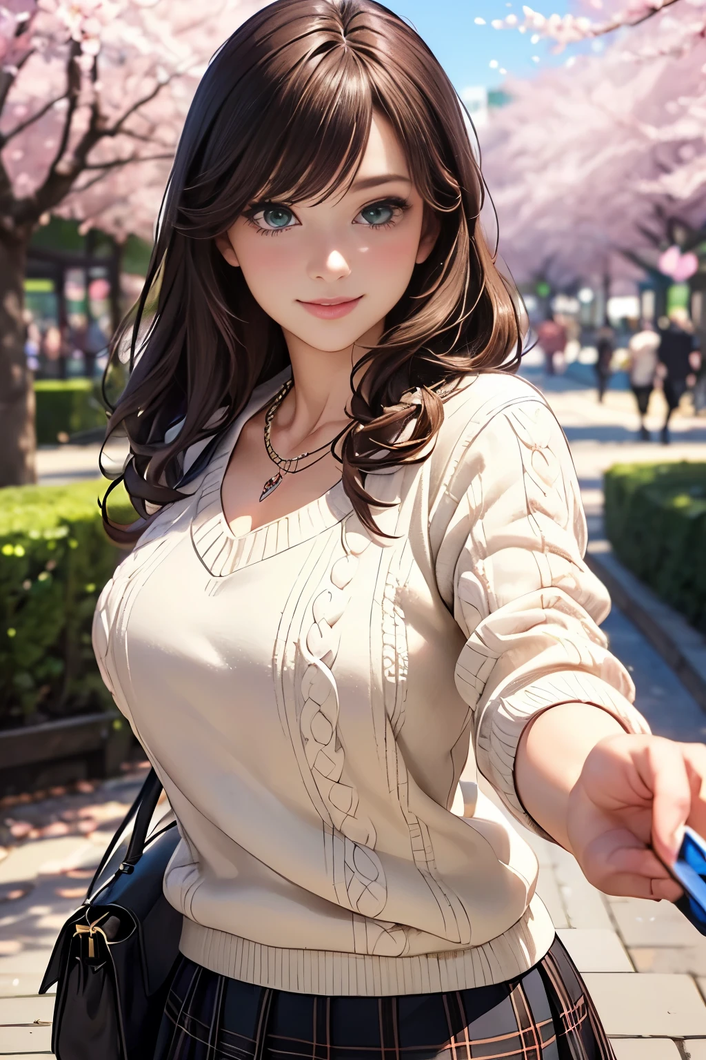 ((table top, highest quality, High resolution, nffsw, perfect pixel, written boundary depth, 4K, nffsw, nffsw))), 1 girl, single, alone, beautiful anime girl, beautiful art style, anime character, ((long hair, bangs, brown hair)), ((green eyes:1.4, round eyes, beautiful eyelashes, realistic eyes)), ((detailed face, blush:1.2)), ((smooth texture:0.75, realistic texture:0.65, realistic:1.1, Anime CG style)), dynamic angle, ((throw, Selfie Pose, portrait)), ((white sweater, long sleeve, black skirt, plaid skirt, Fashionable, 1 handbag, 1 diamond necklace)), smile, amusement park, ((cherry blossoms, cherry blossomsの花が散る))