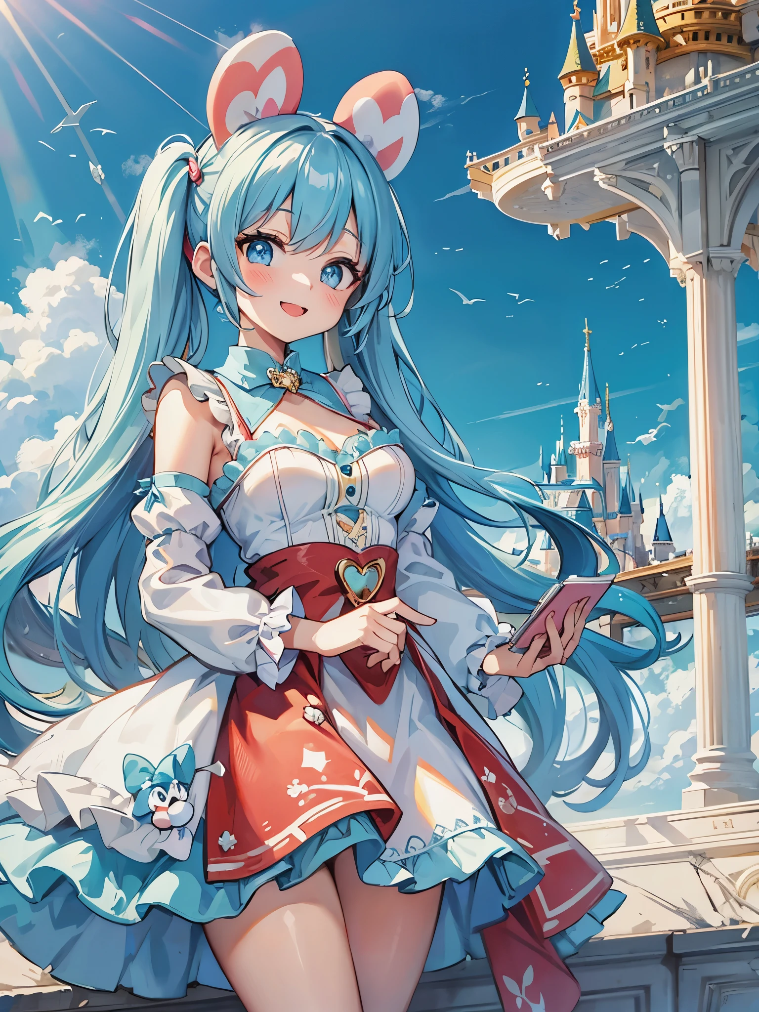 light blue long hair Beautiful girl with twin tails wonderful smile Disneyland You are in front of Cinderella's castle Mickey Mouse blue sky red and white minnie mouse costume