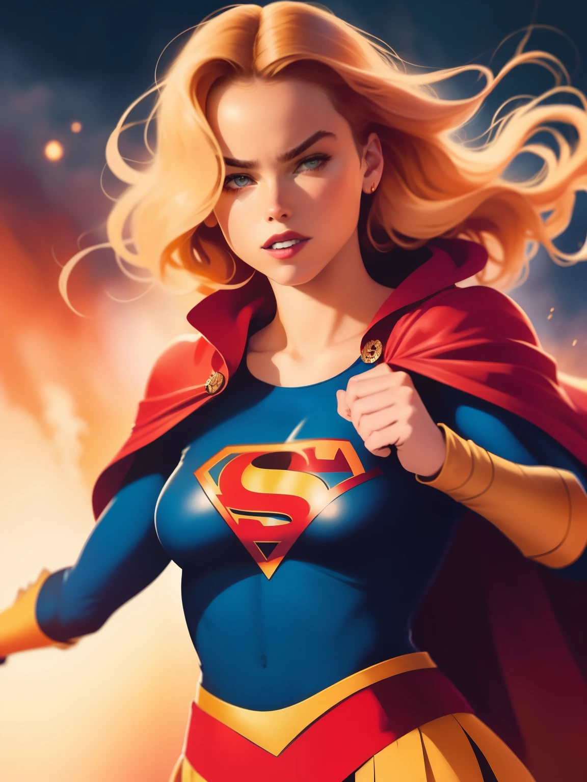 (((Comic style, Cartoon realistic))) . In the center of the image, Supergirl hovers over the city of National City, her eyes shining with determination.  The rising sun bathes the city in golden light, while dark clouds gather on the horizon, foreshadowing an epic battle.  His blue and red attire glistens in the sunlight, his red cape fluttering in the wind.  Her fists are clenched, ready for action.  On her face, a mixture of strength and compassion, the embodiment of hope for the city she protects. Realistic, ultra detailed, detailed face, intricate, UHD, 4K, cinematic lighting. 