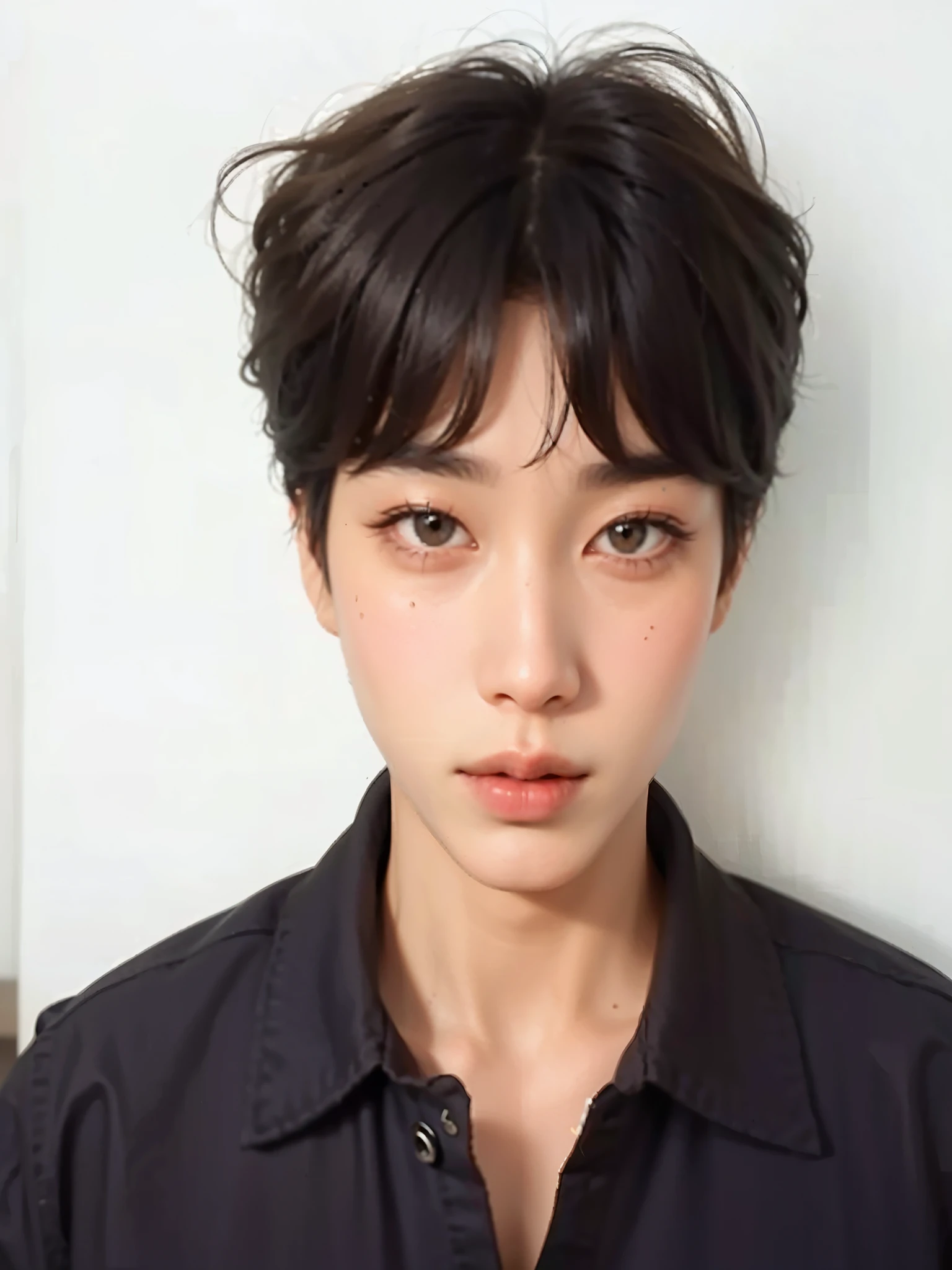 un gros plan d'une personne avec une chemise noire et un mur blanc, jungkook, He has short curly brown hair, Kim Doyoung, aux cheveux courts, pale adorable korean face, Hyung Tae, cheveux bruns courts et grands yeux, taejune kim, jinyoung tibia, Jimin\the right eyelid is swollen, The boy has short black hair, avec un joli - beau - visage