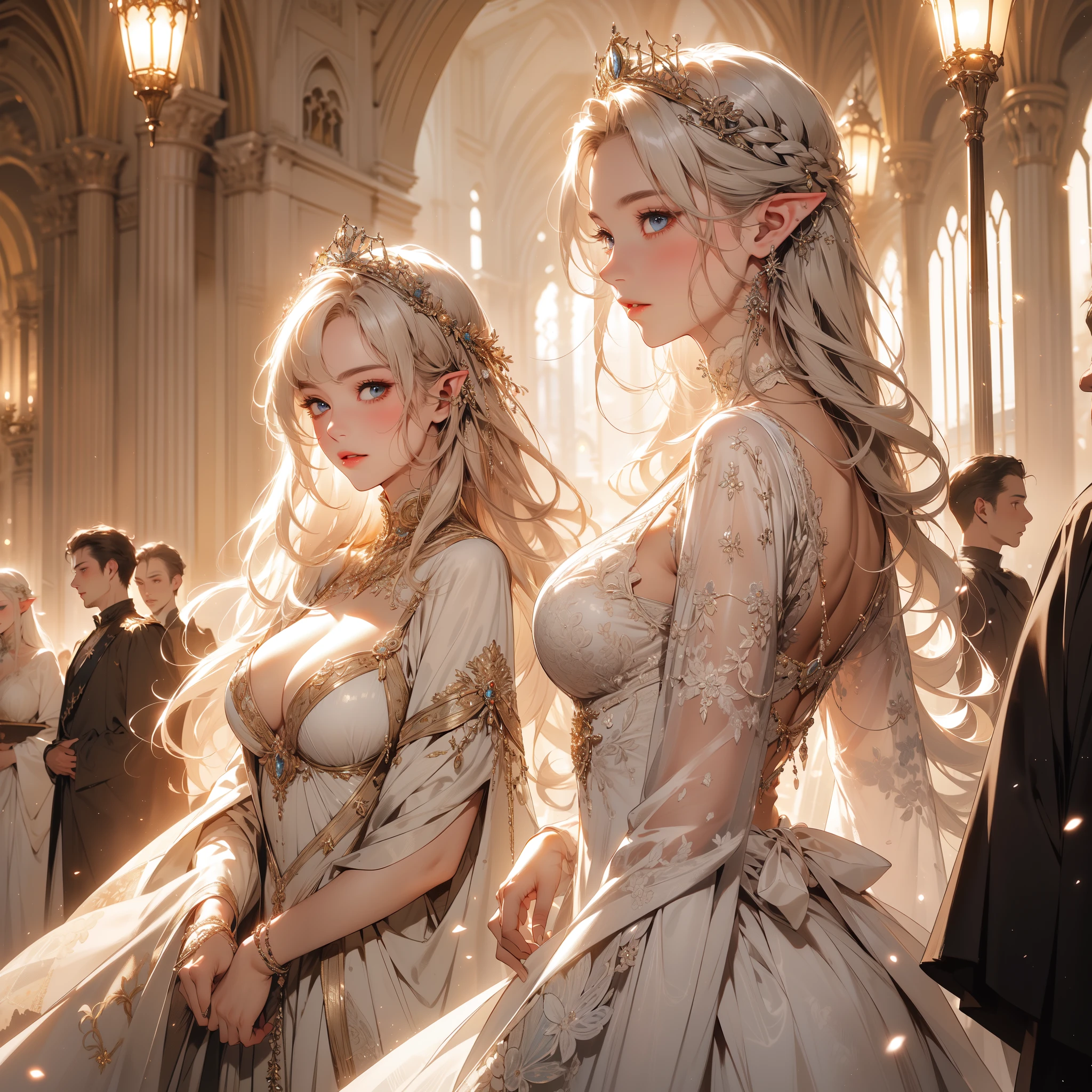 ((8k wallpaper of extremely detailed CG unit, masterpiece, hight resolution, top-quality, top-qualityのリアルテクスチャスキン)), (very beautiful and attractive elf queen),
In the grandeur of the palace, an ((elf)) queen strides down the hall with regal grace, flanked by a procession of knights standing at attention. Their gestures of respect serve as a testament to the reverence they hold for their sovereign, (regal presence:1.2), (palace ambience), (detailed queen attire, dress gown over a turtleneck), ((respectful knights:1.3)), (royal atmosphere), (artistic presentation), (focused depth of field:1.2), (majestic aura:1.15), fantasy, by Yoji Shinkawa, detailed face, (messy, white shining hair, blue eyes, shining eyes, Plump lips, white-skinned, medium breast)