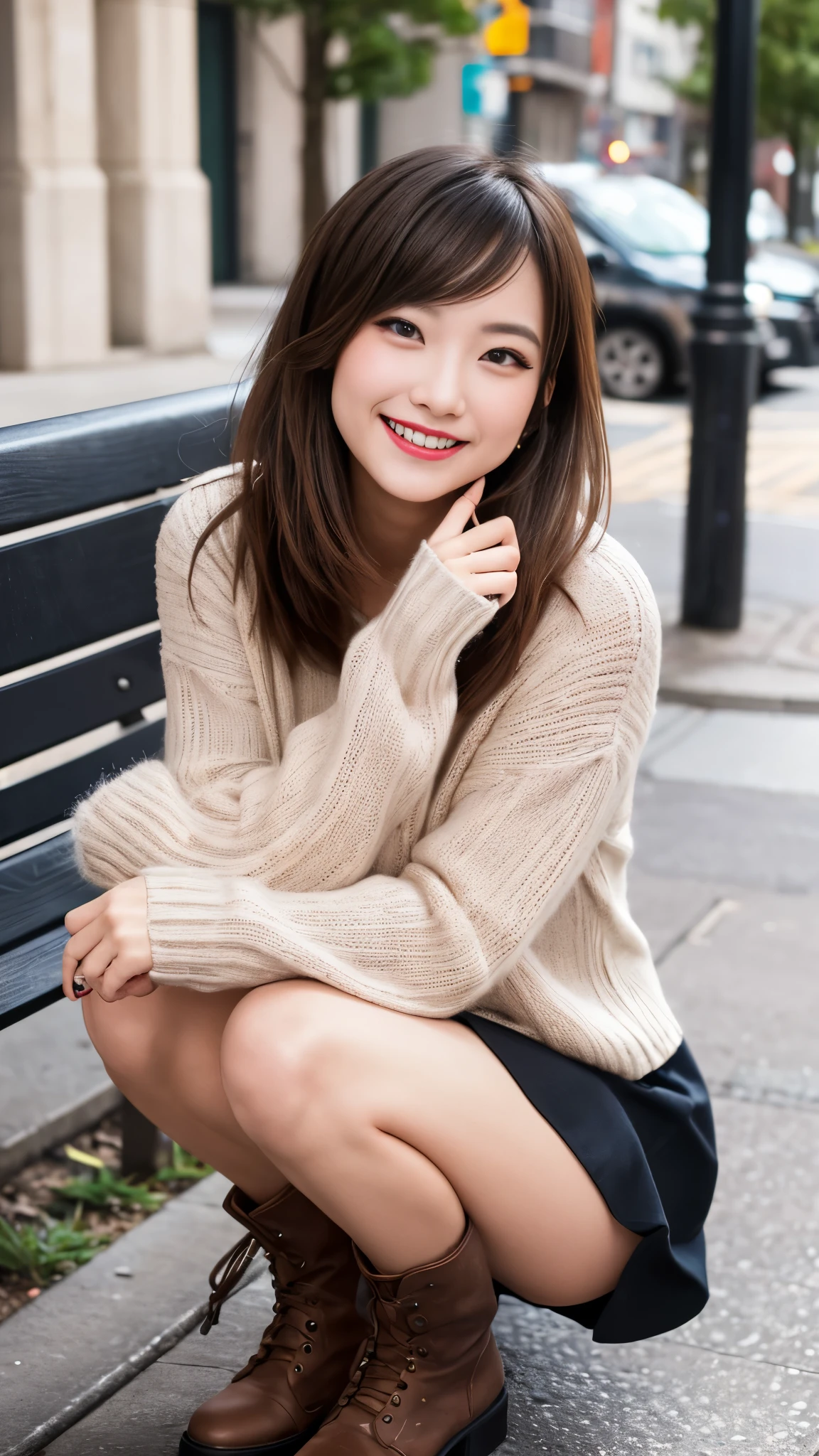 Photo taken by a professional photographer,laughter:1.5,Close-up of a 25-year-old Japanese woman squatting on the sidewalk, wearing a sweater, Short-cut brown hair, hair is disheveled,young and cute girl, Wearing a super super super super super super super mini skirt:1.5,Wear stylish boots,sit on a park bench:1.5,Fancy makeup with red eyeshadow,Beautiful thighs are visible,