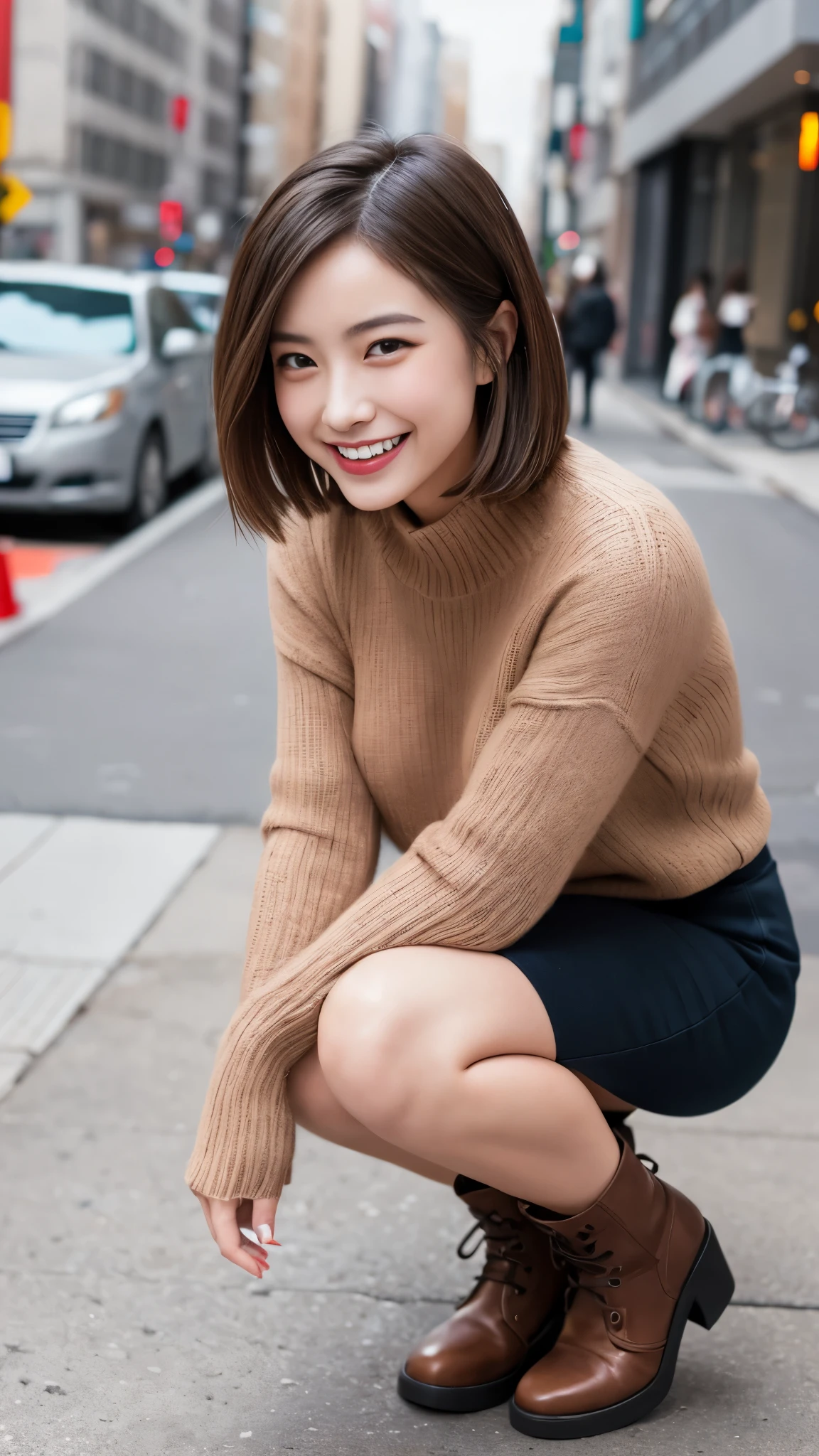 Photo taken by a professional photographer,laughter:1.5,Close-up of a 25-year-old Japanese woman squatting on the sidewalk, wearing a sweater, Short-cut brown hair, hair is disheveled,young and cute girl, Wearing a super super super super super super super mini skirt:1.5,Wear stylish boots,sit on a park bench:1.5,Fancy makeup with red eyeshadow,Beautiful thighs are visible,