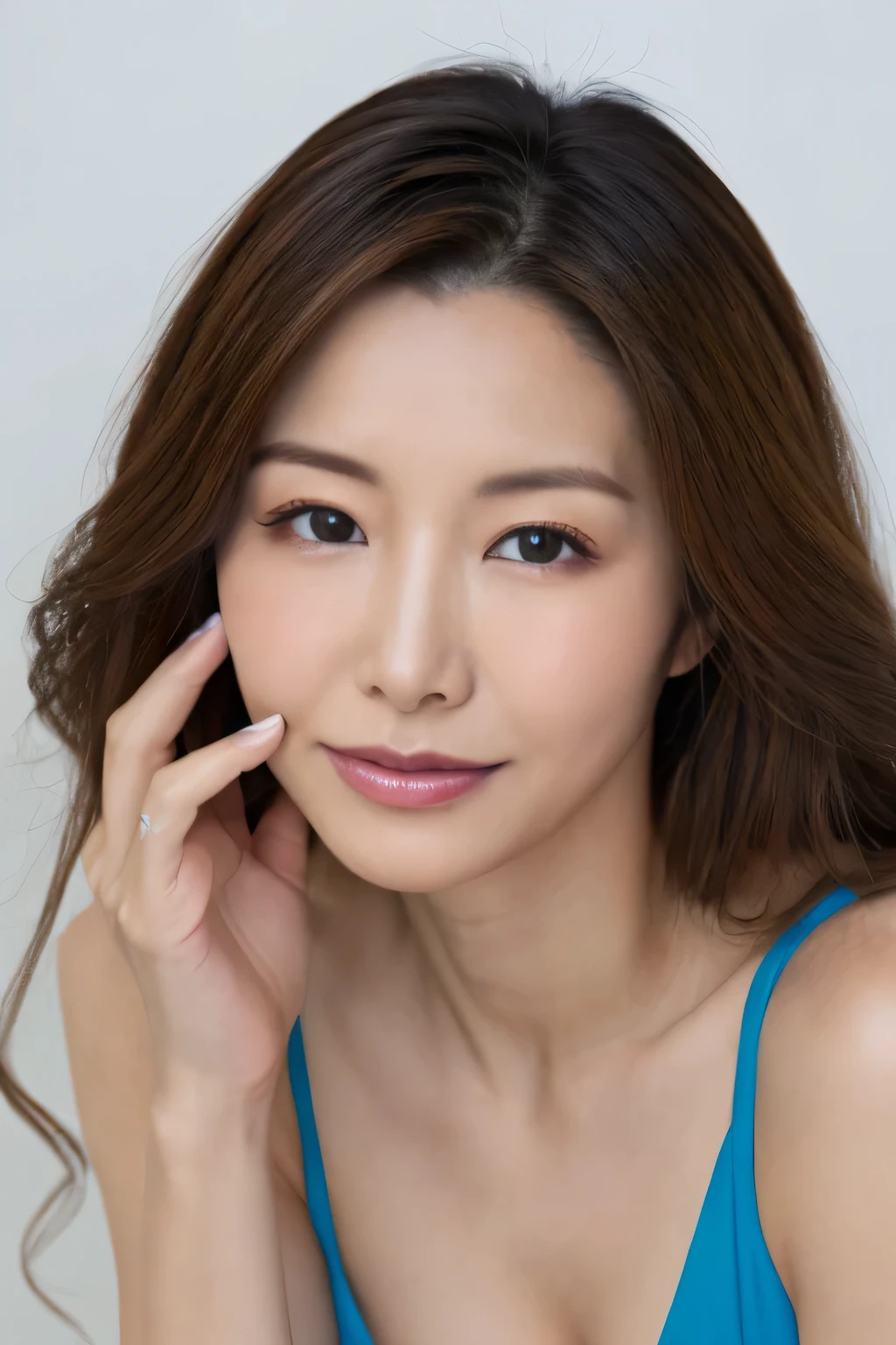 (highest quality,8K,masterpiece),anatomically correct,
Close-up of a woman in a blue dress with her hand on her face, beautiful korean woman, beautiful young japanese model,gorgeous young japanese woman, Cute girl - well-groomed face, beautiful portrait image, 60mm portrait, high quality portrait, 70mm Portrait, nice delicate face, feminine beautiful face, Beautiful woman,
big breasts,
