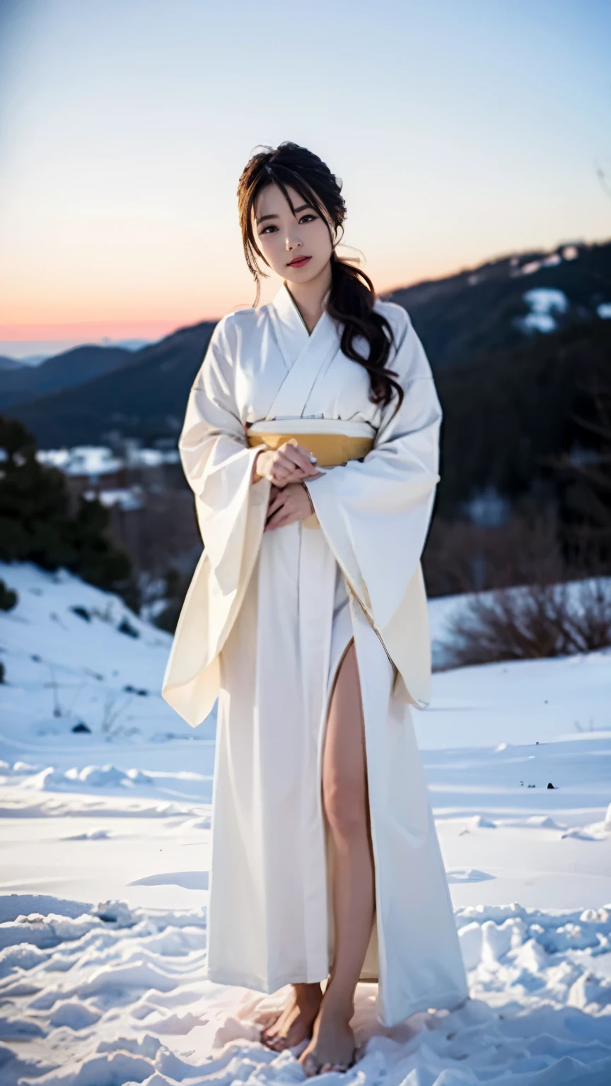 A beautiful snow woman wearing a pure white kimono stands on a snowy mountain road at night,(((In the moonlight of a blizzard, a snow woman who looks good in a plain white kimono looks at me, bends down, and touches my hand.))),Full-body shot from the front,Strong blue contrast,professional angle of view,Exceptional detail,Super high resolution,realistic:1.4),high detail,focus on details,1girl concentrated in high concentration,long hair,delicate and beautiful face,A glimpse of white underwear is dazzling,Proud F cup breasts,Long limbs and big hips like a model,barefoot,A serious look with wrinkled eyebrows,
