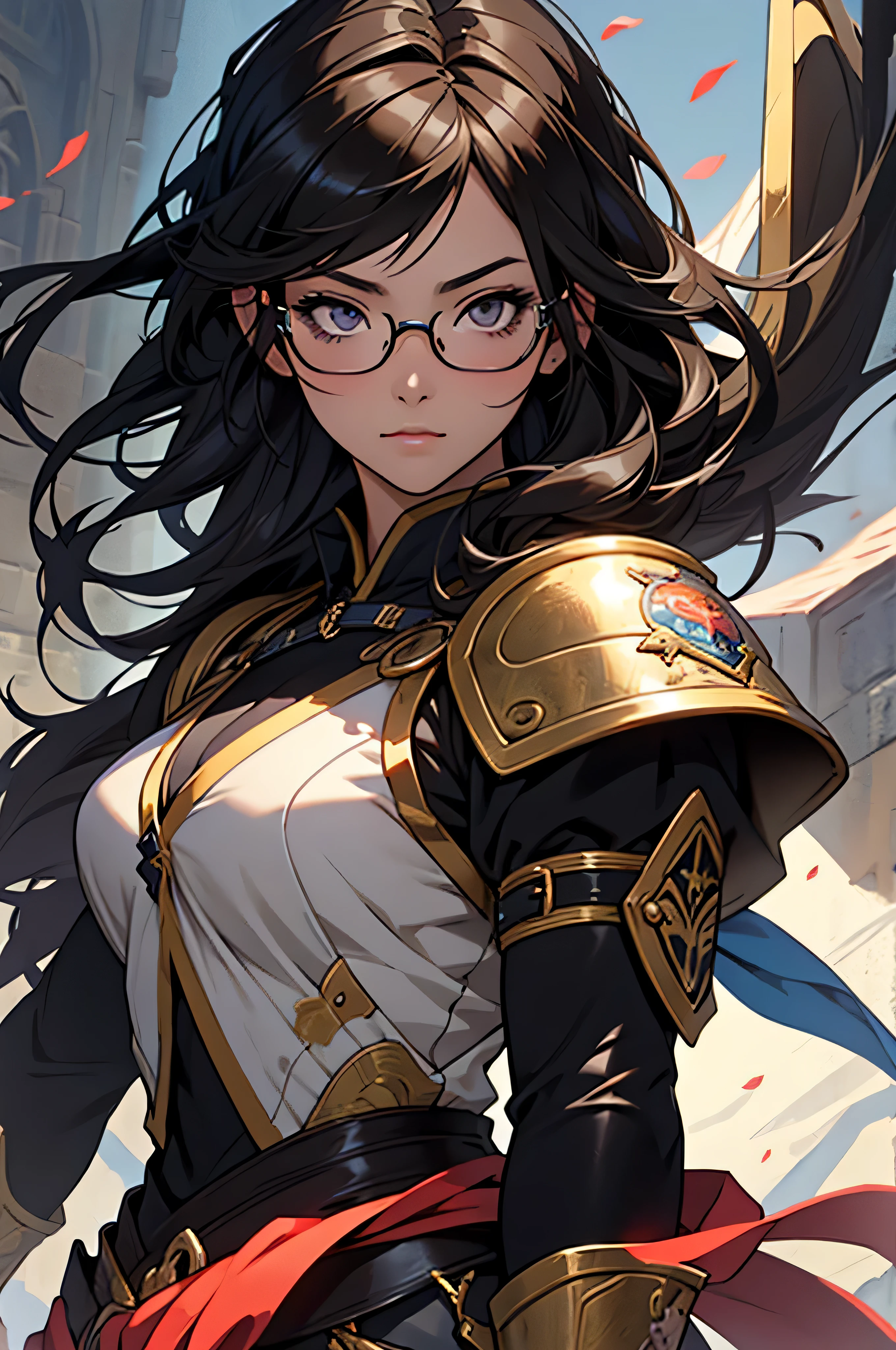 anime, masterpiece, best quality, by professional artist, 1girl, female, solo, upper body portrait, detailed composition, detailed eyes, detailed hair, black hair, Asian eyes, glasses, dark brown medieval armor, magical, fantasy