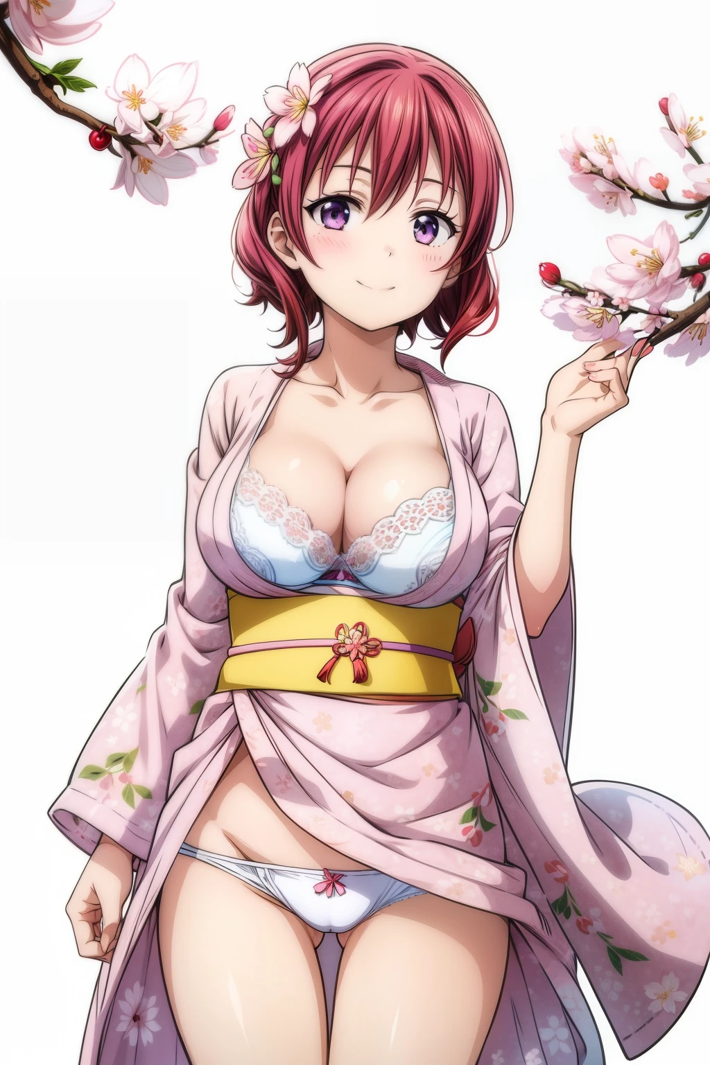 smile, 1girl, a cartoon image, a cartoonish female, 1girl, solo, huge breasts, looking at viewer, (white background)), toned, purple eyes, short hair, smile, bra, brown hair,,nijistyle, (((cowboy shot))), ,nijistyle,, , closed mouth, beautiful detailed kimono, huge cleavage, ((((in spring)))), ((((cherry blosssom)))), (((cowboy shot))), ((milf)), panties