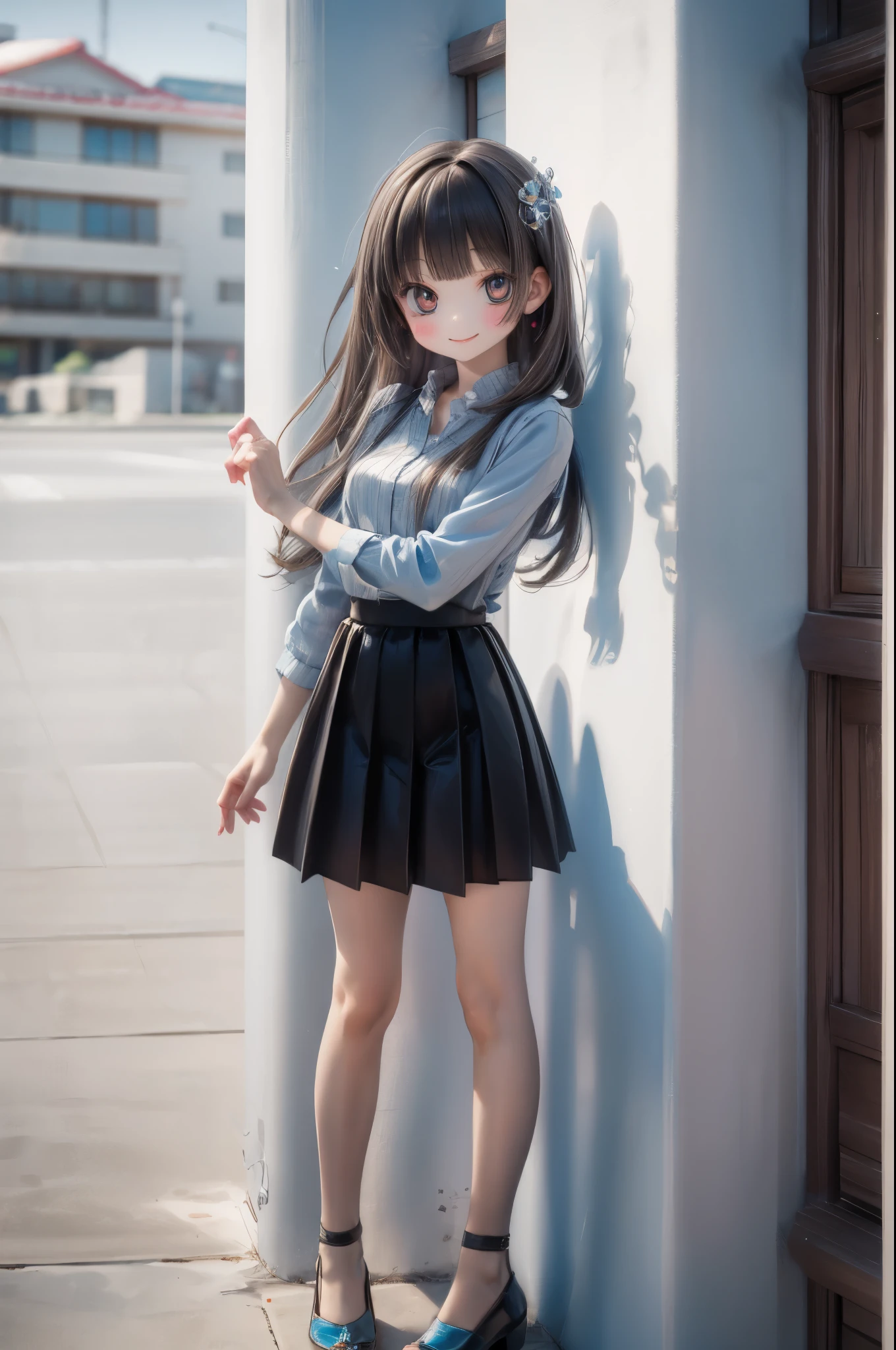 Morning、Girl posing in front of colorful cars in the parking lot near the beach、distinctive hair ornament、cute shoes、smile、shining light、Strong bokeh