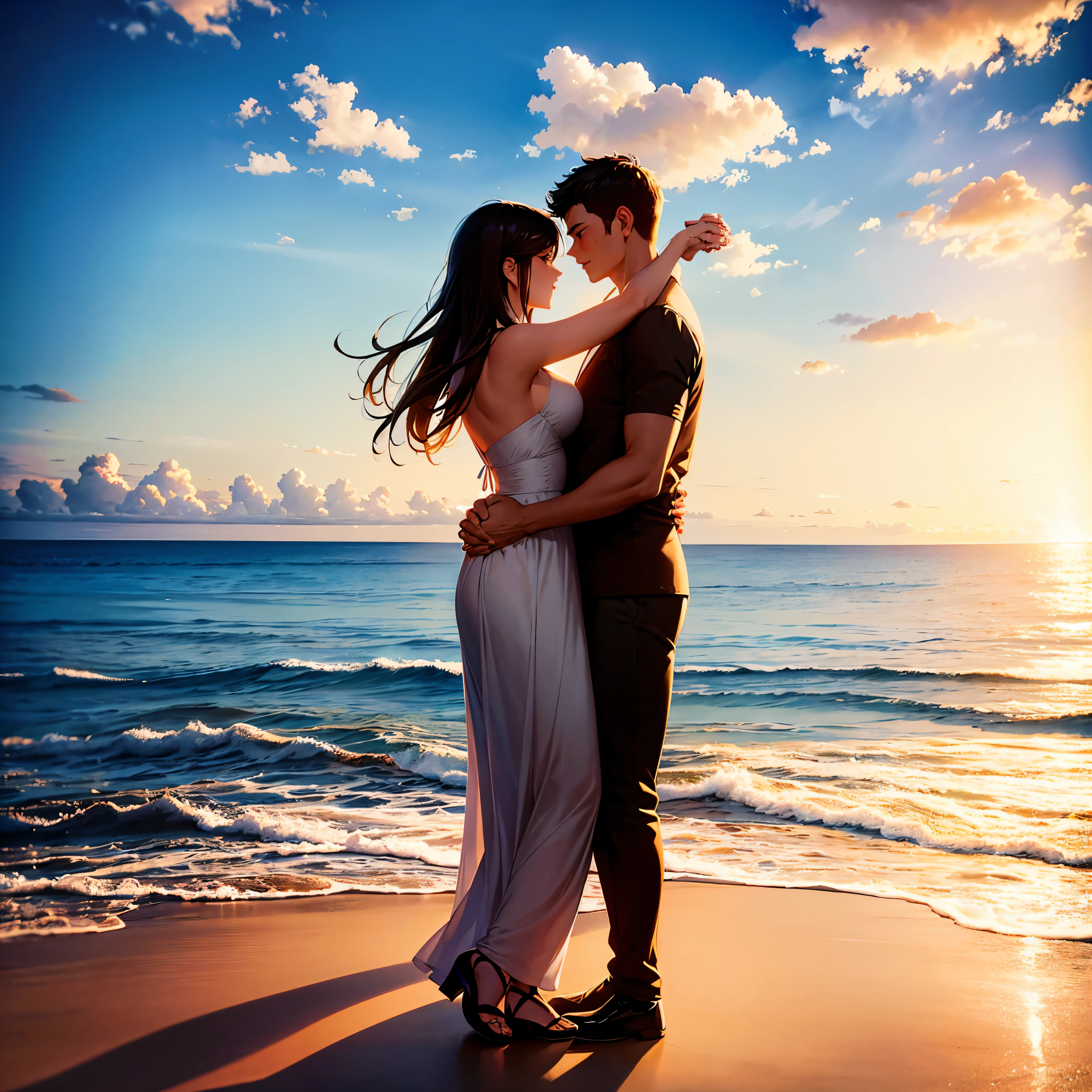 A beautiful romantic widescreen photo of a man and woman Couple holding hands in a dancing pose on the sea with their backs to the camera, praia scene, Paisagem ampla, sea horizon in sight, couple away from the camera, praia scene, fotorrealista, ((praia: 1.0)), ((Couple holding hands:1.0)), (( casal no mar:1.0 ))