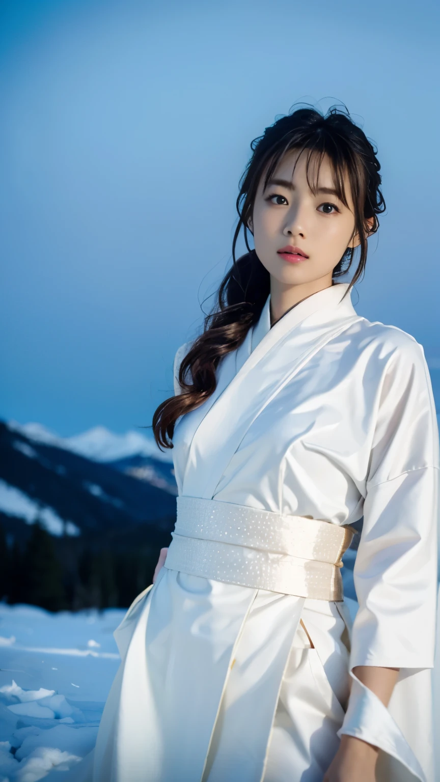 A beautiful snow woman wearing a pure white kimono stands on a snowy mountain road at night,(((In the moonlight of a blizzard, a snow woman who looks good in a plain white kimono looks at me, bends down, and touches my hand.))),Full-body shot from the front,Strong blue contrast,Angle of view from directly above the professional,Exceptional detail,Super high resolution,realistic:1.4),high detail,focus on details,1girl concentrated in high concentration,long hair,delicate and beautiful face,The white underwear is dazzling,Long limbs and big hips like a model,barefoot,A serious look with wrinkled eyebrows,