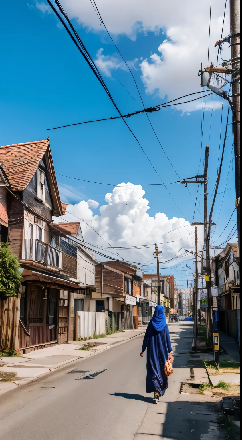 Very cozy little place, surrealism, (Makoto Shinkai anime: 0.4), dilapidated old houses on city streets, home wiring, outdoors, detailed beautiful hijab girl walking on the street, sky, clouds, daytime, landscapes, trees, blue sky, buildings, signs, wires, railings, Wide shot, telephone poles, town, wilderness, flowers, a mess of utensils