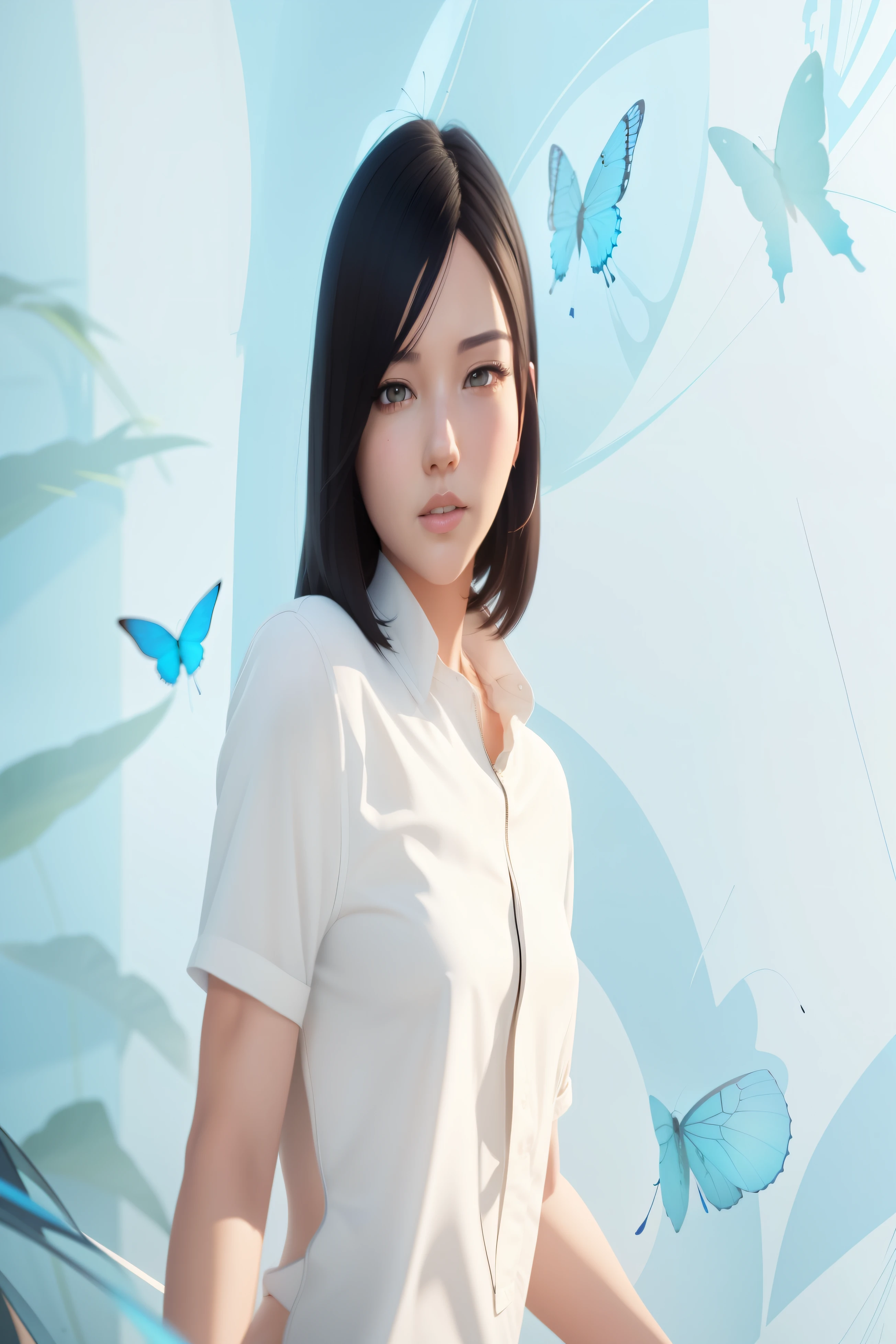 there is a woman standing in front of a blue wall with a butterfly pattern, artgerm and atey ghailan, ross tran 8 k, artwork in the style of guweiz, makoto shinkai and artgerm, makoto shinkai ( apex legends ), ross tran style, digital art ilya kuvshinov, realistic anime 3 d style